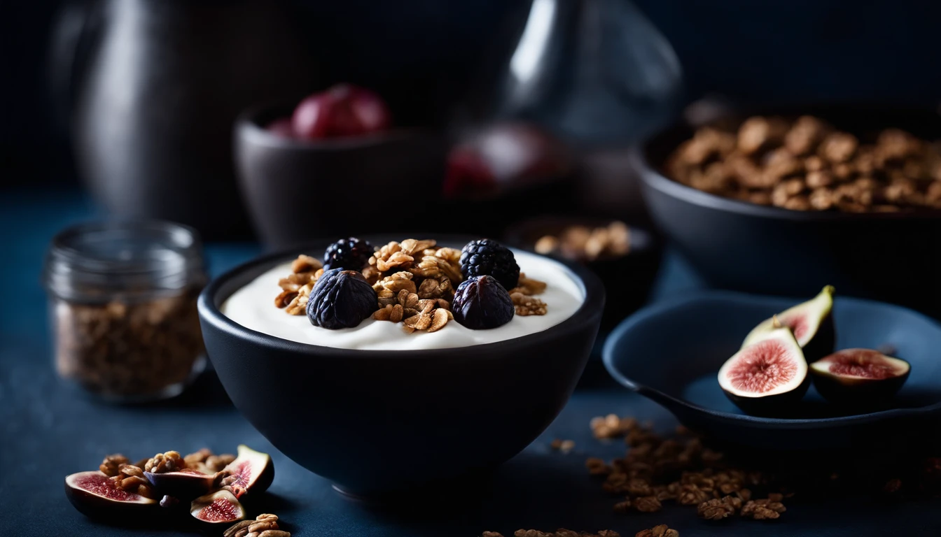 a monochromatic shot of a black bowl filled with natural yogurt, granola, berries, and figs, against a blue background, highlighting the textures and layers of the ingredients without the distraction of color