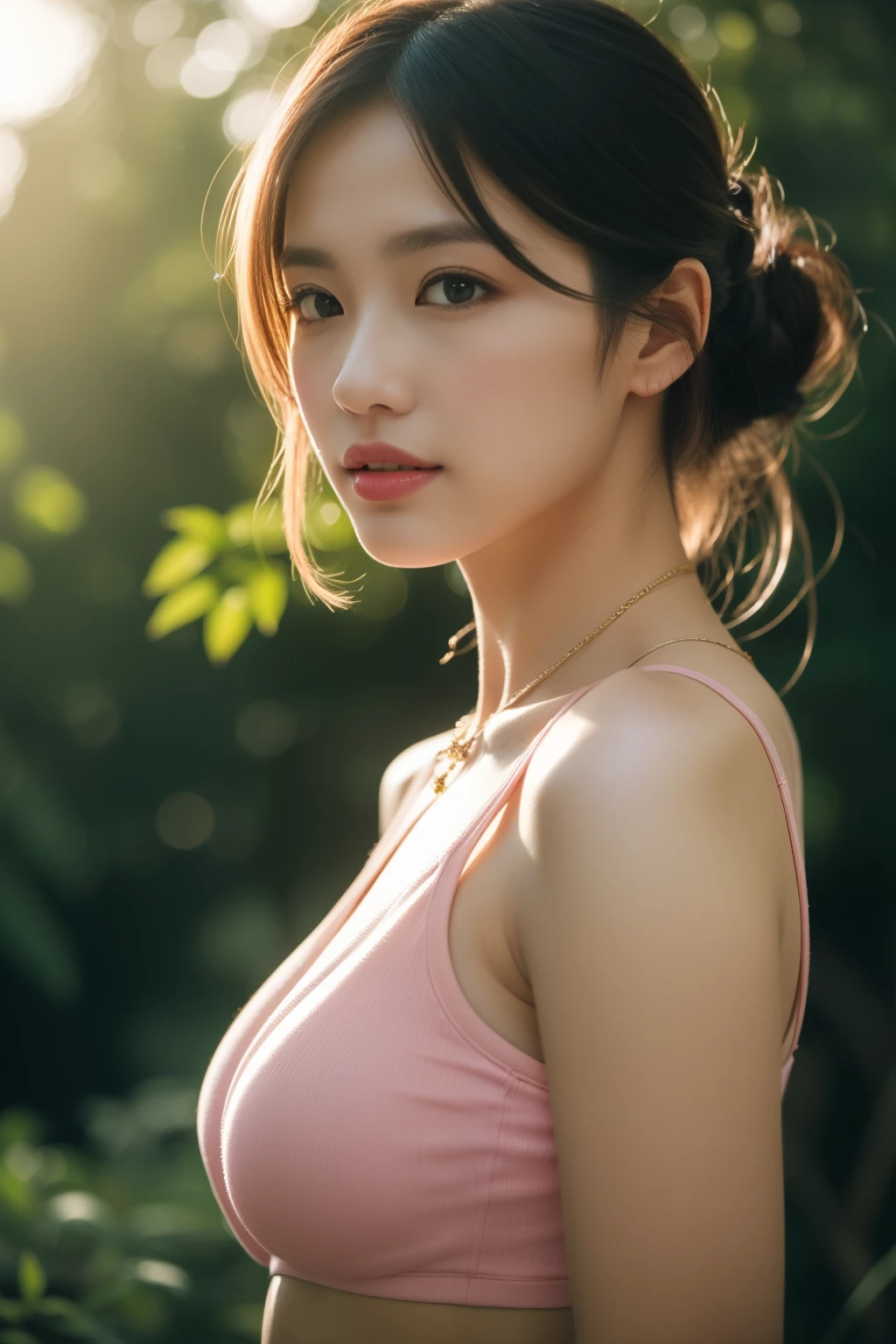 asian lady wear pink yoga suits , deep neck line,   necklace, small breast, rounded shape breast,  ((she)), ((mid-shot, upper body, slender waist)), Hair Up Do、 Glowing eyes, nose blush, Carl Larsson, Alfonse Mucha, Chiaroscuro, Film Glenn, reflective light, (((mid-Shot))), waist to top,longshot show full body, masterpiece, high details, sun light on her, leaf shading, (()) ,