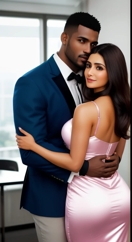 1 muscular very hary, handsome and attractive African man with sexy Indian married woman bit chubby wearing a sexy golden/silver/pink satin nighty. Both are hugging pose and there body is toward s the camera which is front. The woman is in front and the man is behind her. The woman is to the left side of the man. The man is hugging the woman from behind. The woman is standing on the left side of the man. In office. Hyper realistic image detail image. woman standing on left of the man. The background is office meeting room