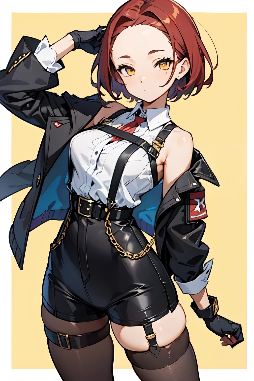 1girl, young woman, solo, short hair, Small  hair, (forehead:1.2), yellow eyes, sharp ocular posture, (scarlet red hair), light brown skin tone, Athletic, muscular, medium breasts, (cropped jacket, black jacket), white shirt, collared shirt, (chest harness, shoulder strap:1.15), black leather shorts, 7/8 pantyhose, garter belt, gloves, elegant, looking at viewer, standing, mustard color background, masterpiece, best quality, 4k