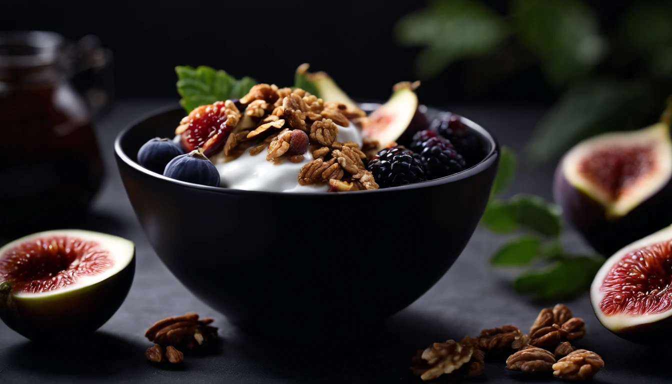 a detail shot of a spoonful of natural yogurt topped with a perfectly placed arrangement of granola, berries, and figs in a black bowl, emphasizing the precision and attention to detail in the composition