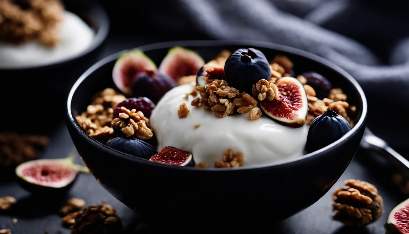 a detail shot of a spoonful of natural yogurt topped with a perfectly placed arrangement of granola, berries, and figs in a black bowl, emphasizing the precision and attention to detail in the composition