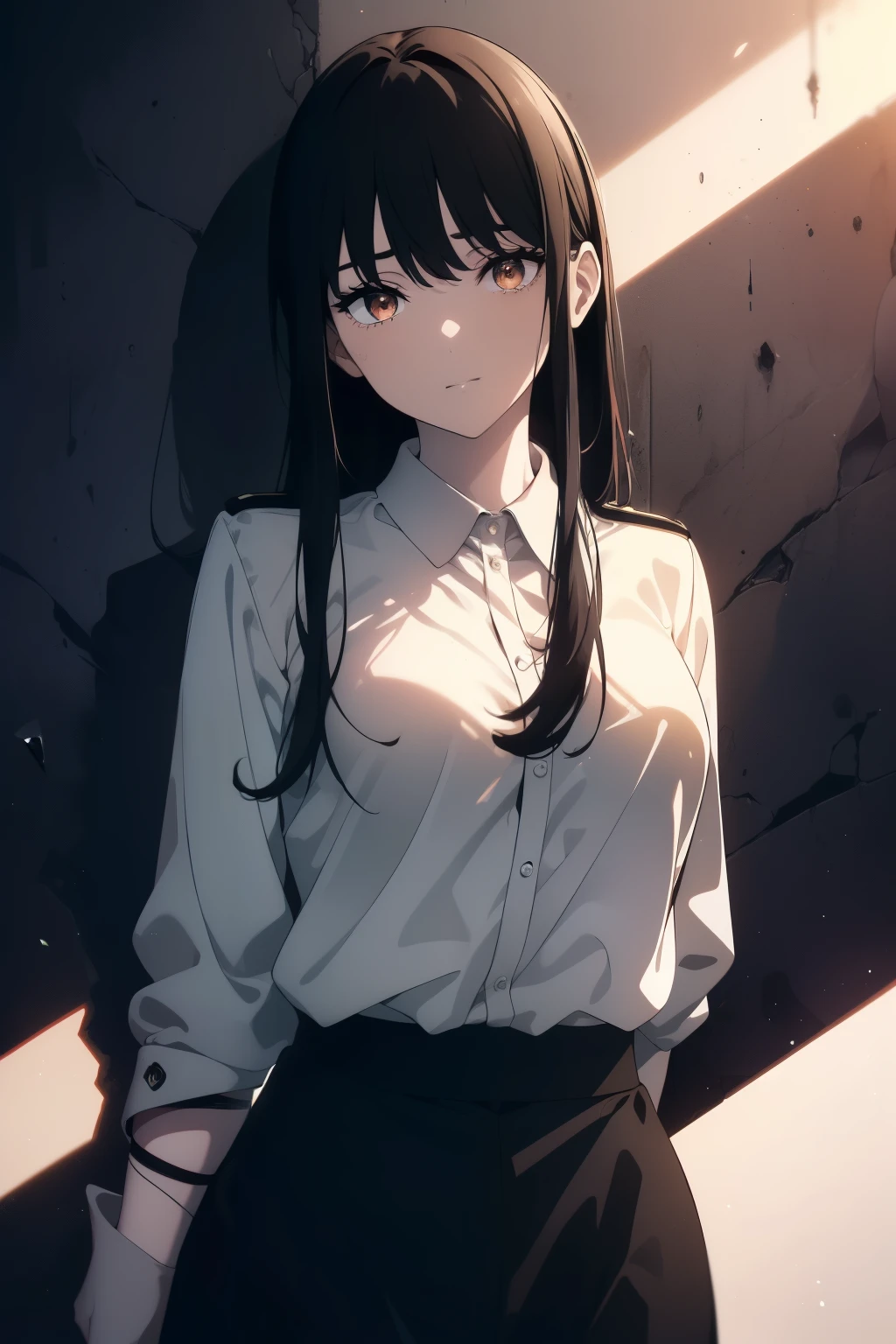 ((((Obra maestra, La mejor calidad, ultrahigh resolution)))), 1girl, standing, military uniform, cameo pants, cameo coat, (((black hair, dark black hair over eye:1))), long hair cut, pale skin, ((brown eyes)), glowing_eyes, neon eyes, (ultra detailed eyes:0.7, beautiful and detailed face, detailed eyes:0.9), ((centered)), smile, ((wide shot)), facing viewer, ((miliatary warzone background)), medium breasts, looking at viewer, ((half closed eyes)), ((perfect hands)), (((head:1, arms, hips in view, elbows, in view))), ((hand pulling off clothing)), empty eyes, beautiful lighting, outside, outdoors, background, defined subject, 25 years old, (head tilt), (((cool))),