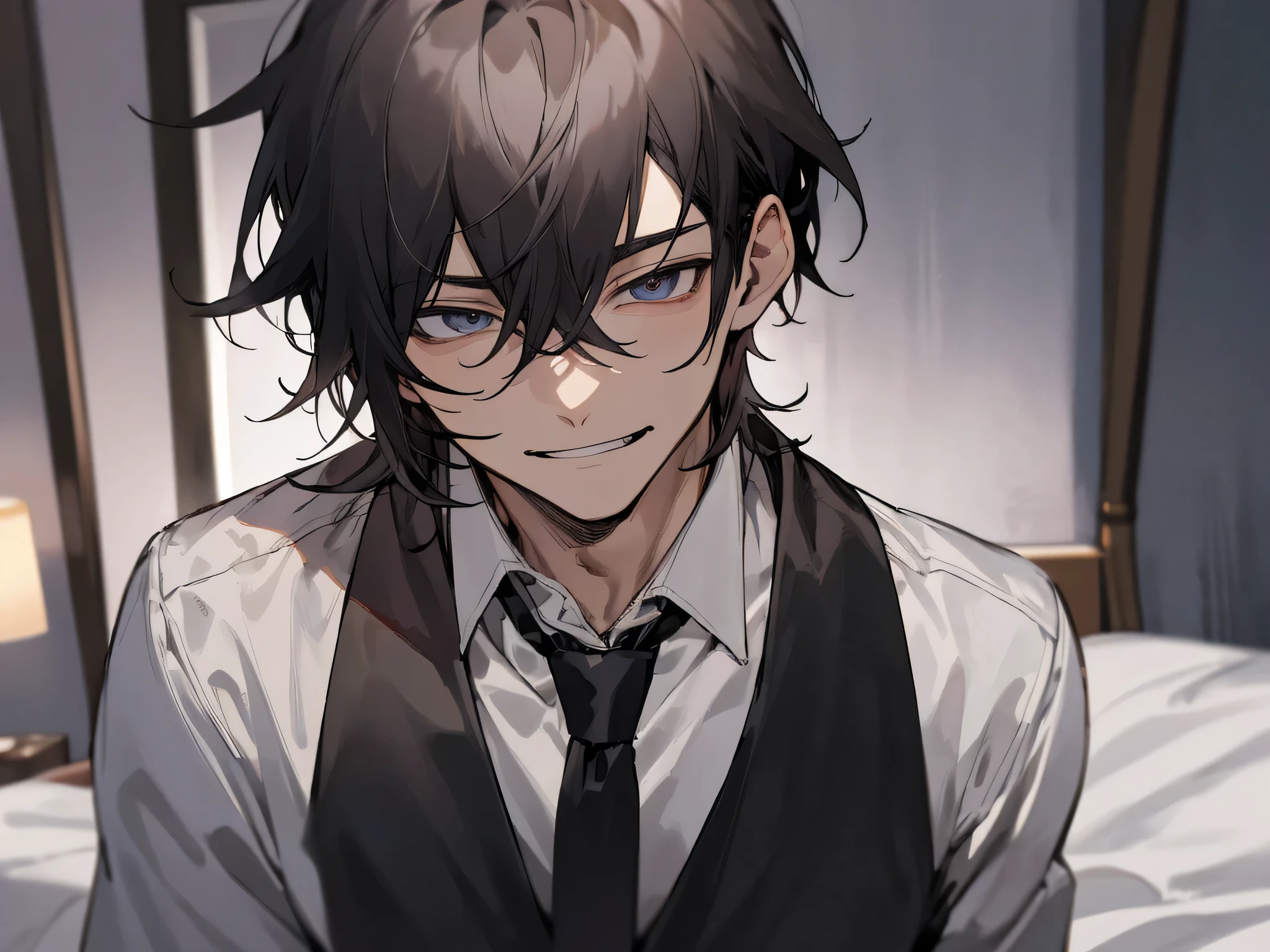 working adults.,male people,a handsome,Cool atmosphere,Soio,A dark-haired,Mash,Depressive Atmosphere(masuter piece,Viewer's Perspective,Upper body,close up of face,ムラムラ,evil smile,Yandere atmosphere,,atmosphere of night,White shirt and black pants,please wear a tie,),Hotel room bed、