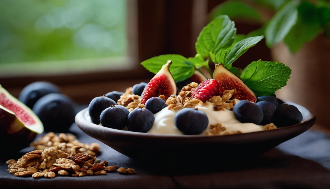 a creative shot of a black bowl filled with natural yogurt, granola, berries, and figs, positioned on a blue background with mint leaves scattered around, incorporating a rustic element, such as a wooden table or linen napkin, to add visual interest