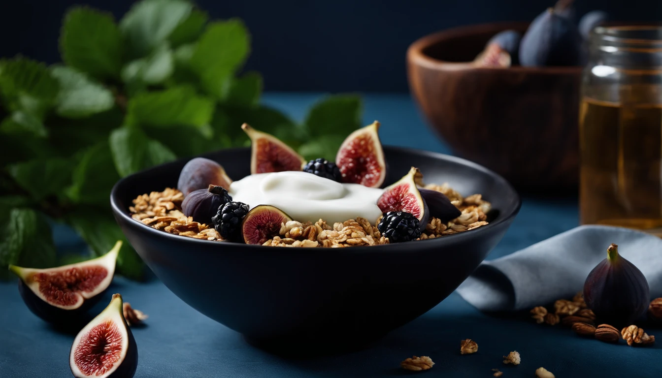 a creative shot of a black bowl filled with natural yogurt, granola, berries, and figs, positioned on a blue background with mint leaves scattered around, incorporating a rustic element, such as a wooden table or linen napkin, to add visual interest