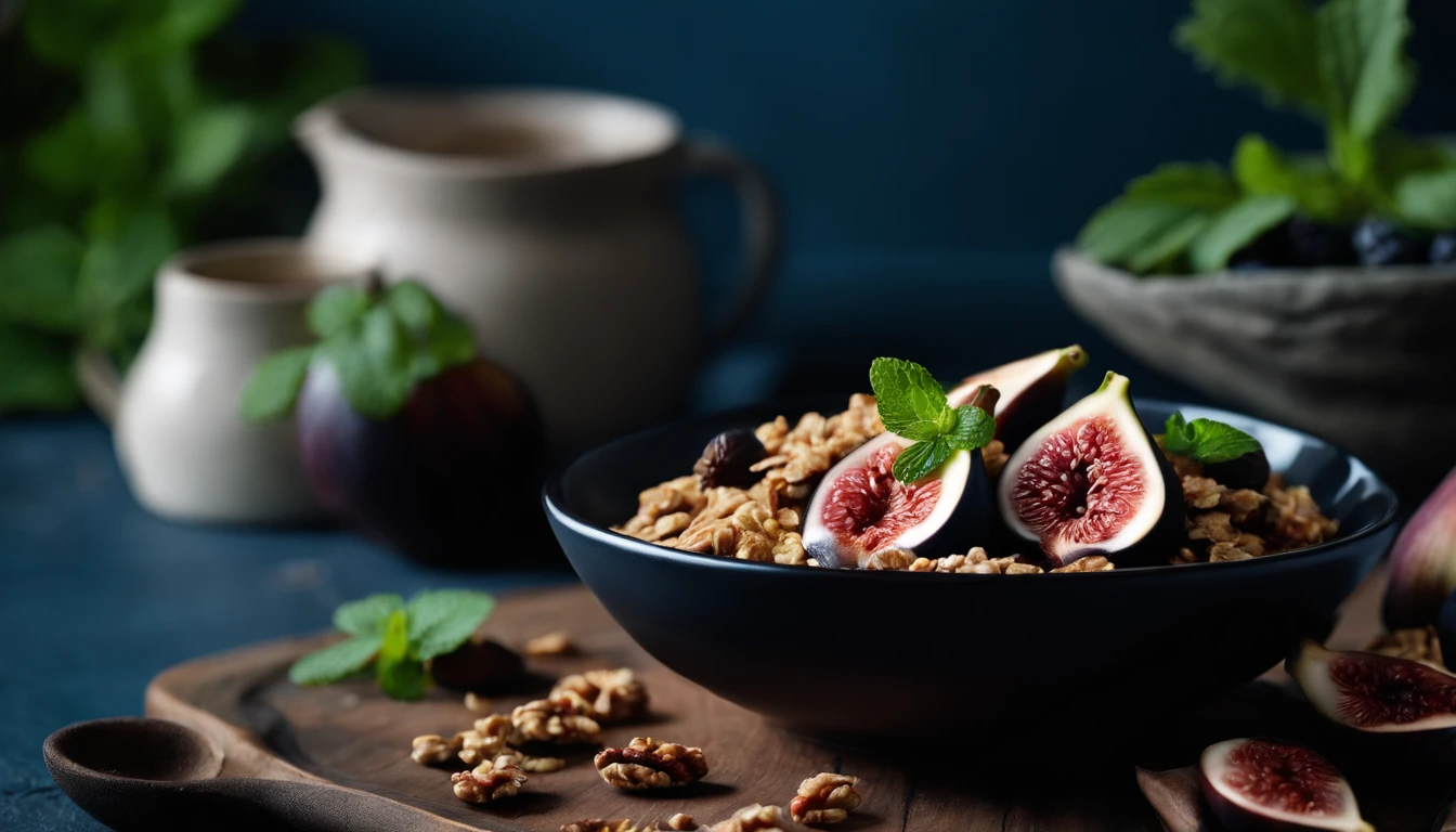 a creative shot of a black bowl filled with natural yogurt, granola, berries, and figs, positioned on a blue background with mint leaves scattered around, incorporating a rustic element, such as a wooden table or linen napkin, to add visual interest