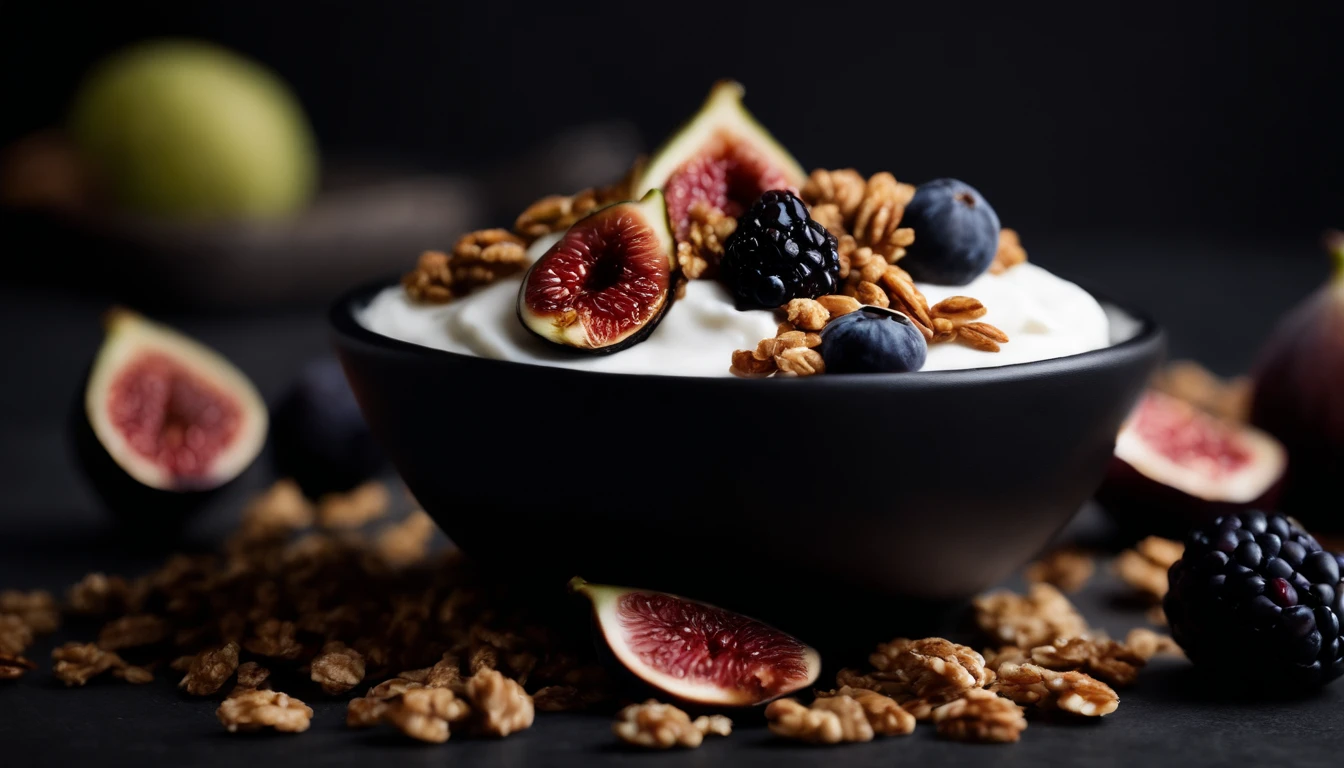 a detail shot of a spoonful of natural yogurt topped with a perfectly placed arrangement of granola, berries, and figs in a black bowl, emphasizing the precision and attention to detail in the composition