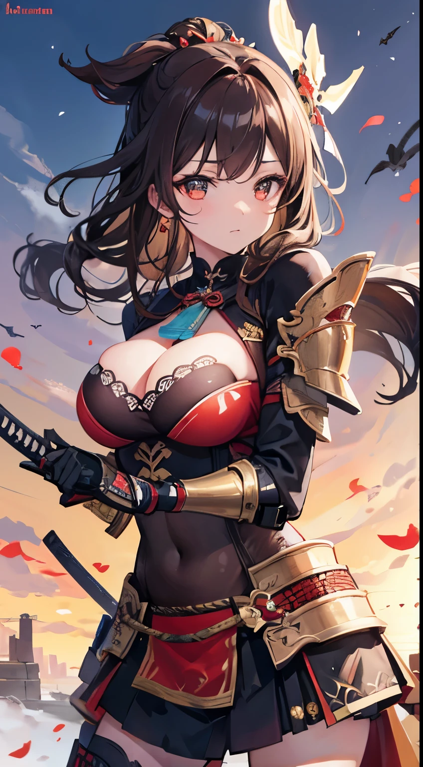 1girl, medium brown curly hair, tie hair, knight, genshin impact style, biggest boobs, milf, bikini armor, heavy armor, samurai, katana