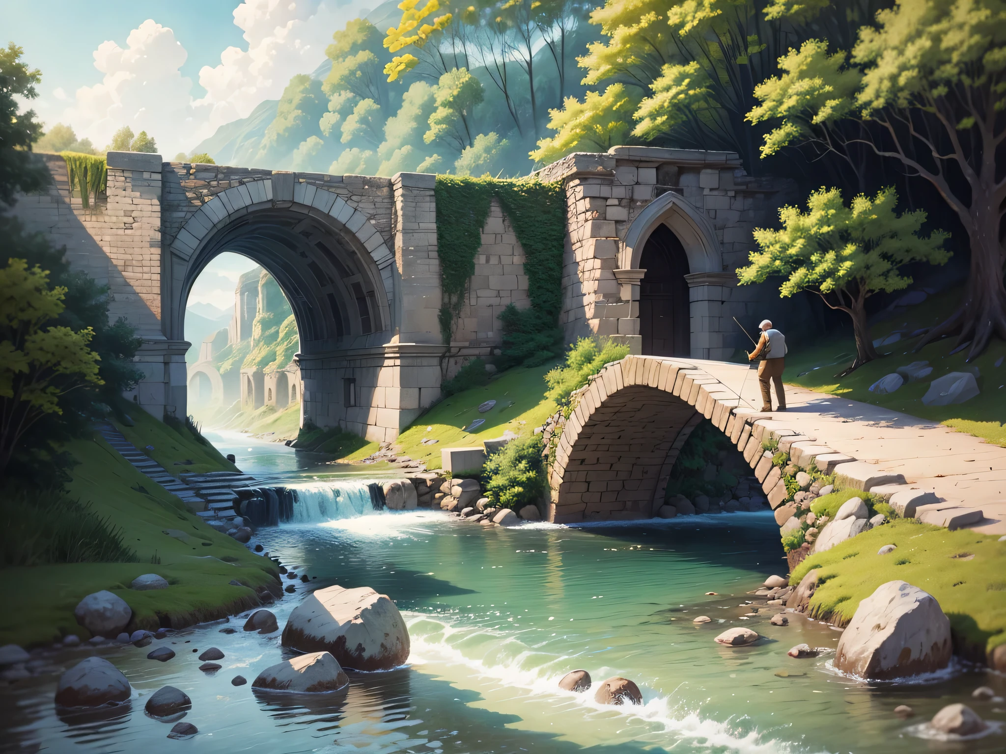 A detailed watercolor of an old man fly fishing in a river below an old stone bridge. Masterpiece, lovely composition, FML, watercolor, landscapes, nature, outdoors, art, style