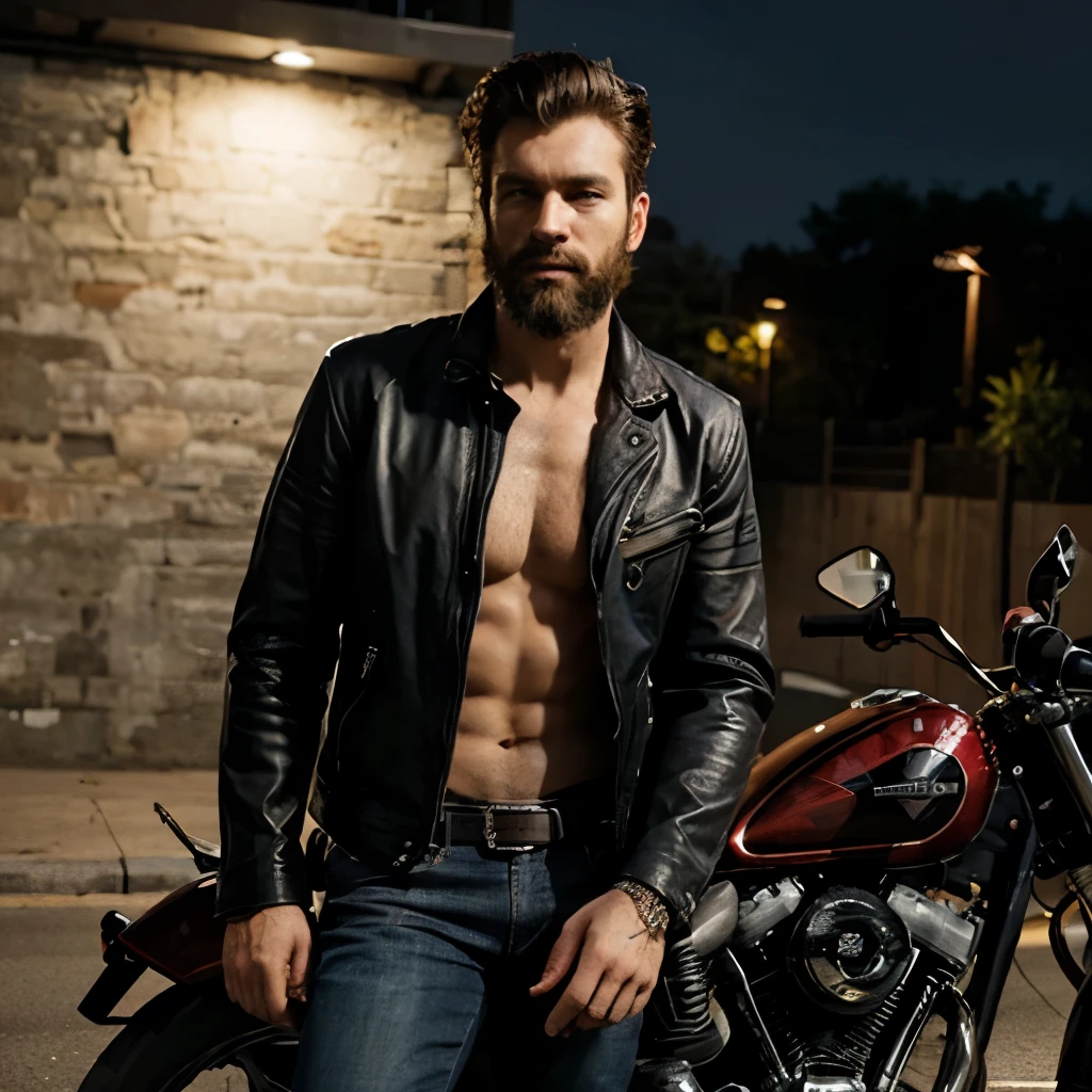 ((man)), wild hair, handsome, open shirt, jeans, full body, night, motorcycle jacket, beard shadow