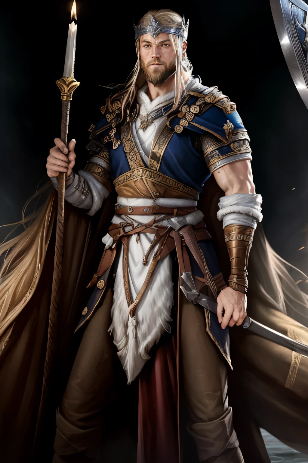 Un roi viking inspirant avec des tresses blondes brunes, une barbe bien coupée, une belle armure en argent, regard doux mais ferme, une épée sur la hanche, dans la fleur de l'àge avec une musculature bien developpé, regard face à l'écran, epée
