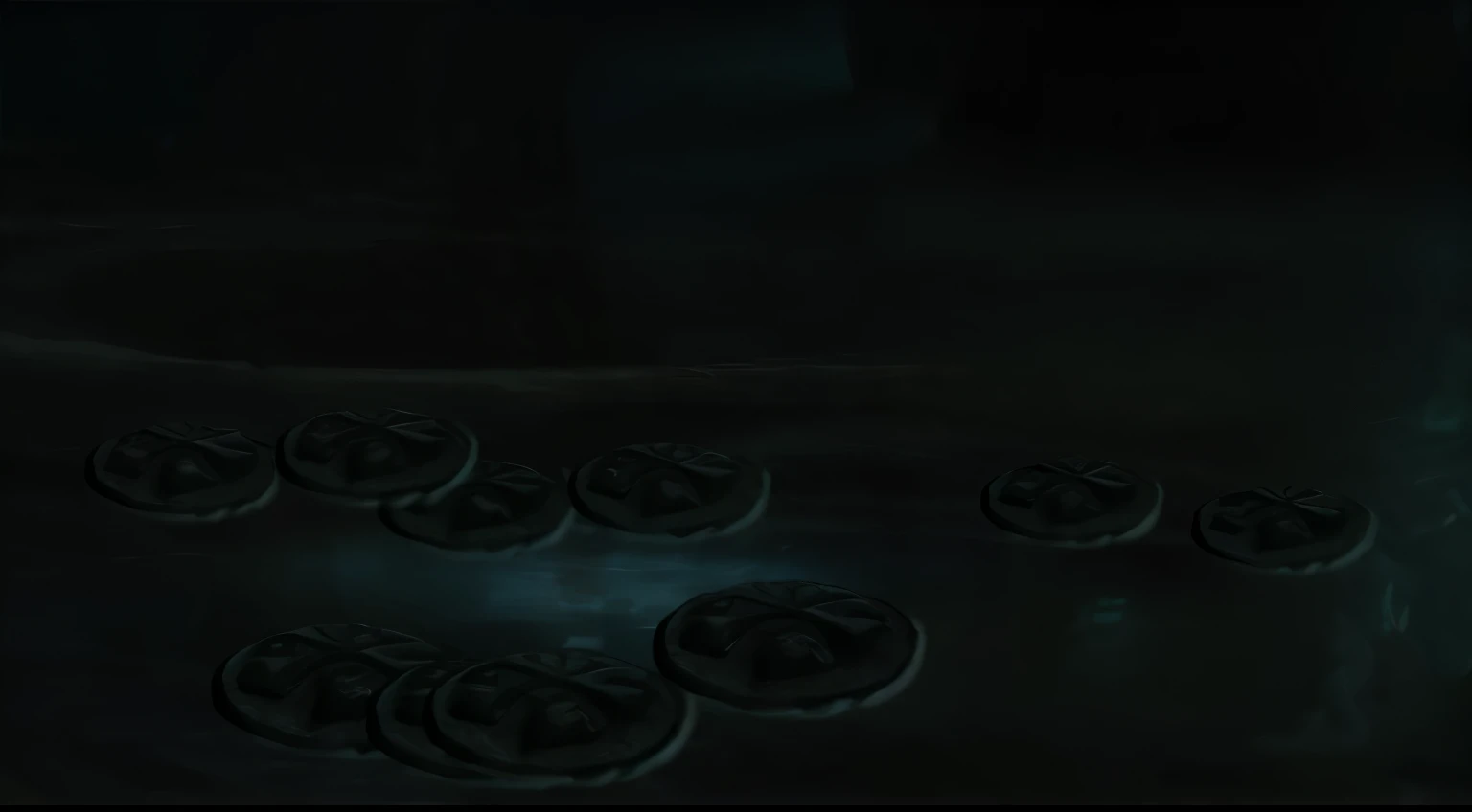 there are a lot of old coins on floor in the dark, floating runes, backscatter orbs, dark runes, lovecraftian background, cave glowing stones, sewer background, glowing runes, druidic runes, green glowing runes, heavy jpeg artifact blurry, black-water-background, watery caverns