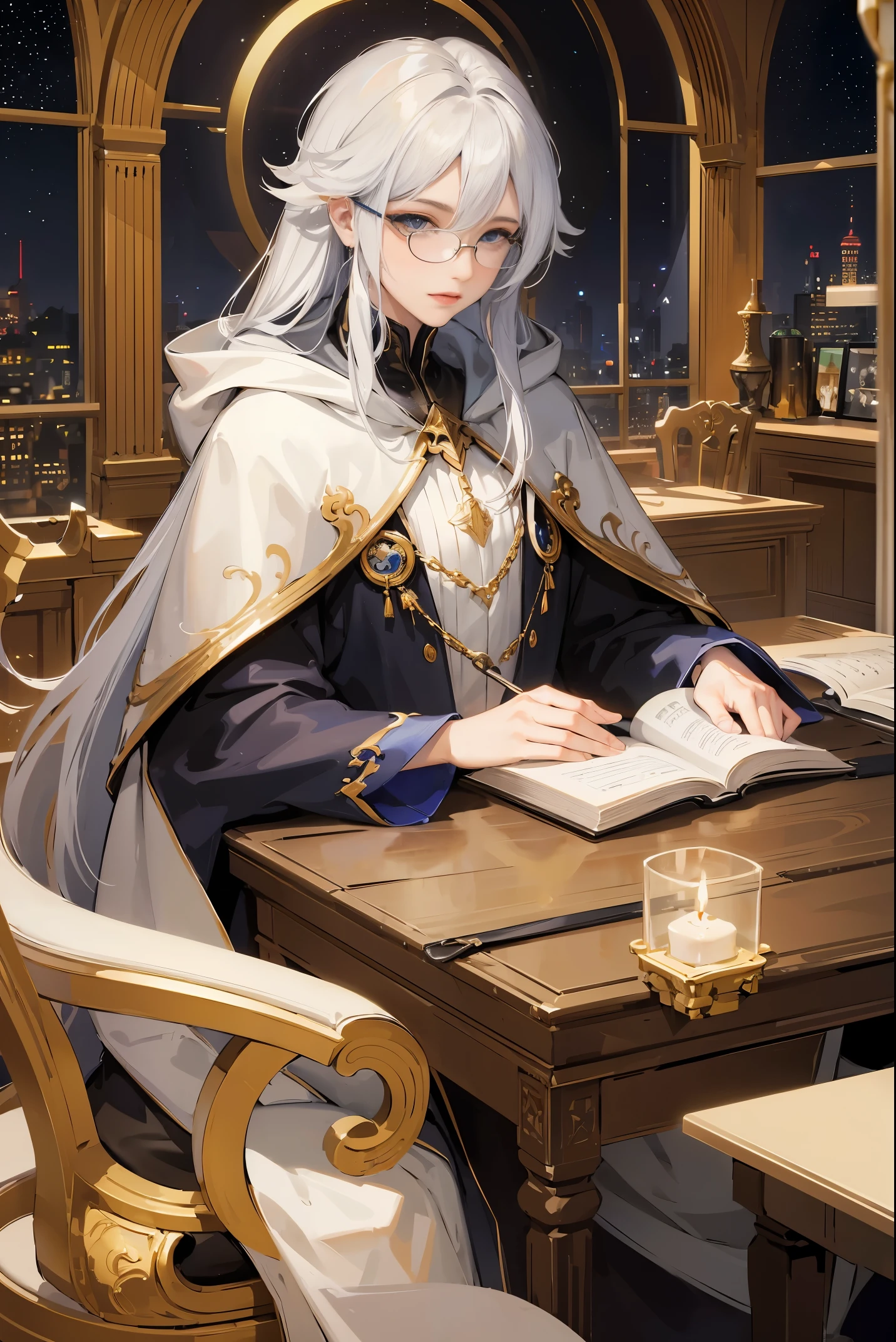 an androgynous hooded boy with long white hair sits on a throne inside a large library and holds an open book, the person is wearing glasses, the library is lit by candles and is filled with books stacked on the floor, with a large round window in the background showing the galaxy with a constellation, Perfect lips, symmetrical face, olhos realistas, pele de porcelana, HDR, UHD, Realistic, studio lighting