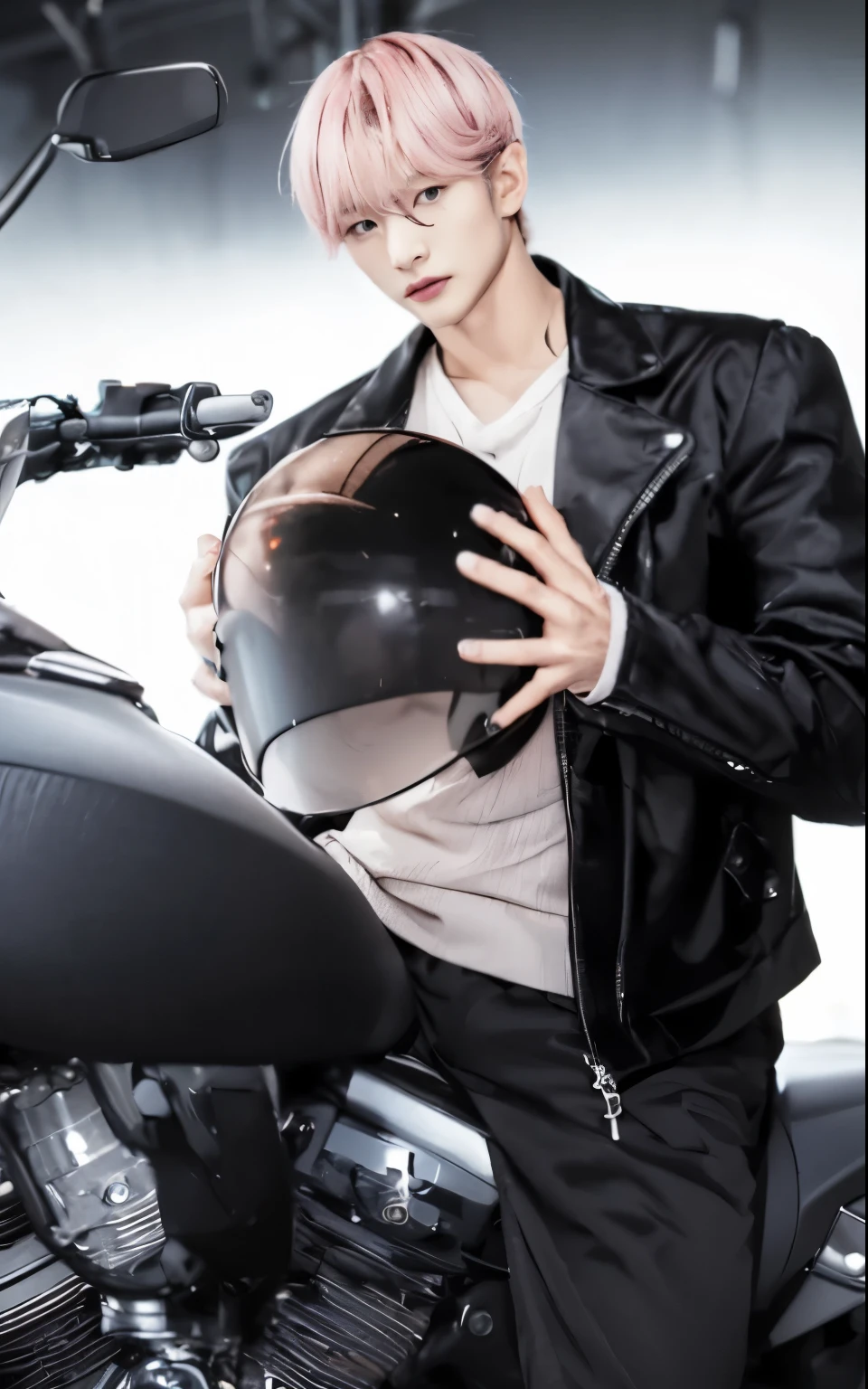 Korean handsome man, on a motorcycle, pink hair