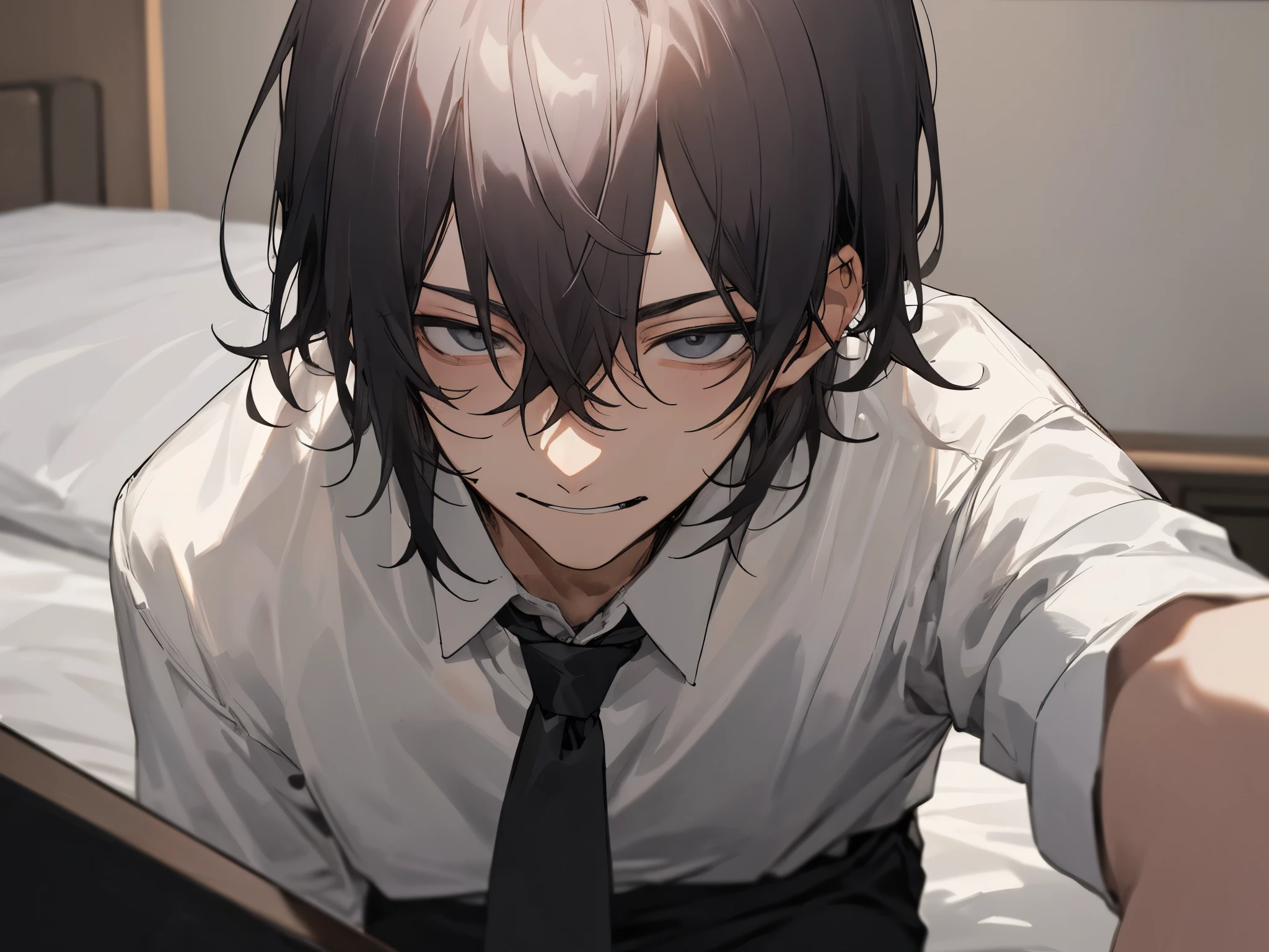 working adults.,male people,a handsome,Cool atmosphere,Soio,A dark-haired,Mash,Depressive Atmosphere(masuter piece,Viewer's Perspective,Upper body,close up of face,ムラムラ,evil smile,Yandere atmosphere,,atmosphere of night,White shirt and black pants,please wear a tie,),Hotel room bed、