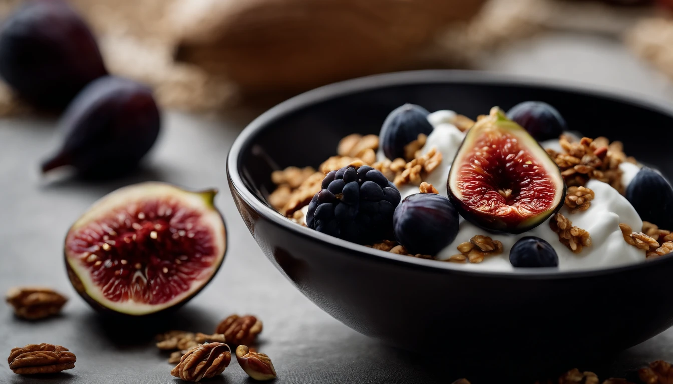 a close-up shot of a black bowl filled with natural yogurt, granola, berries, and figs, zooming in on a specific area to showcase the intricate details and textures of the ingredients, such as the grains of granola or the seeds in the figs