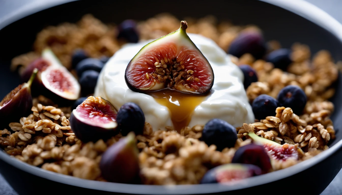 a close-up shot of a black bowl filled with natural yogurt, granola, berries, and figs, zooming in on a specific area to showcase the intricate details and textures of the ingredients, such as the grains of granola or the seeds in the figs