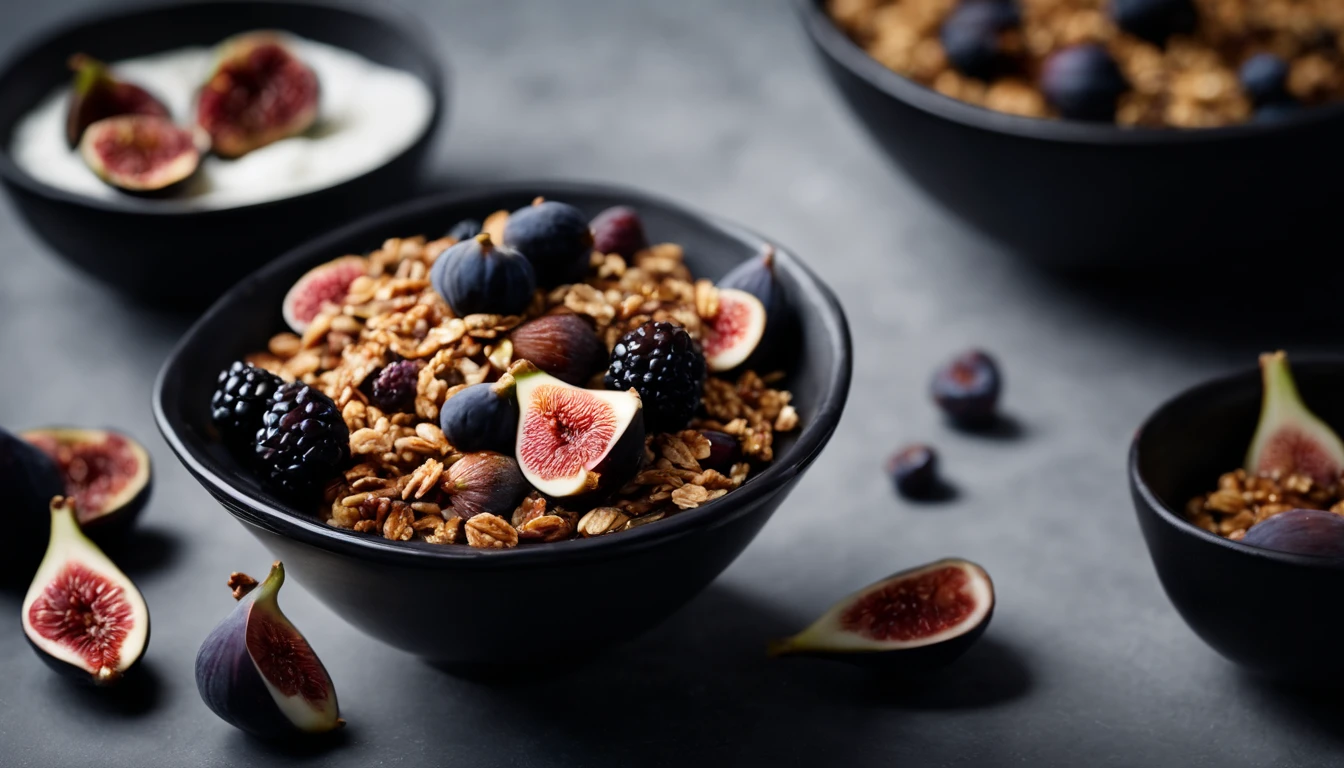 a close-up shot of a black bowl filled with natural yogurt, granola, berries, and figs, zooming in on a specific area to showcase the intricate details and textures of the ingredients, such as the grains of granola or the seeds in the figs