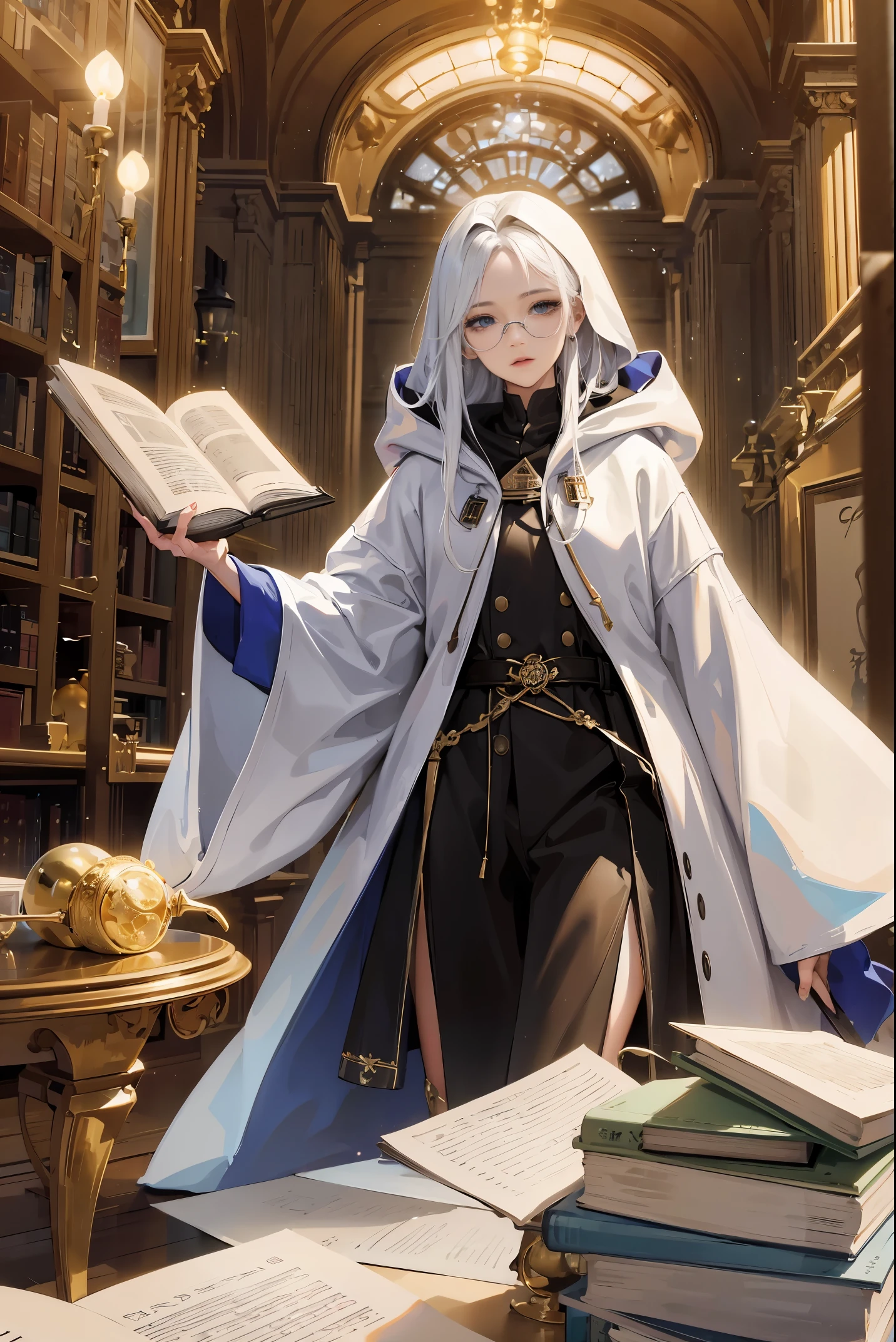 an androgynous hooded boy with long white hair sits on a throne inside a large library and holds an open book, the person is wearing glasses, the library is lit by candles and is filled with books stacked on the floor, with a large round window in the background showing the galaxy with a constellation, Perfect lips, symmetrical face, olhos realistas, pele de porcelana, HDR, UHD, Realistic, studio lighting