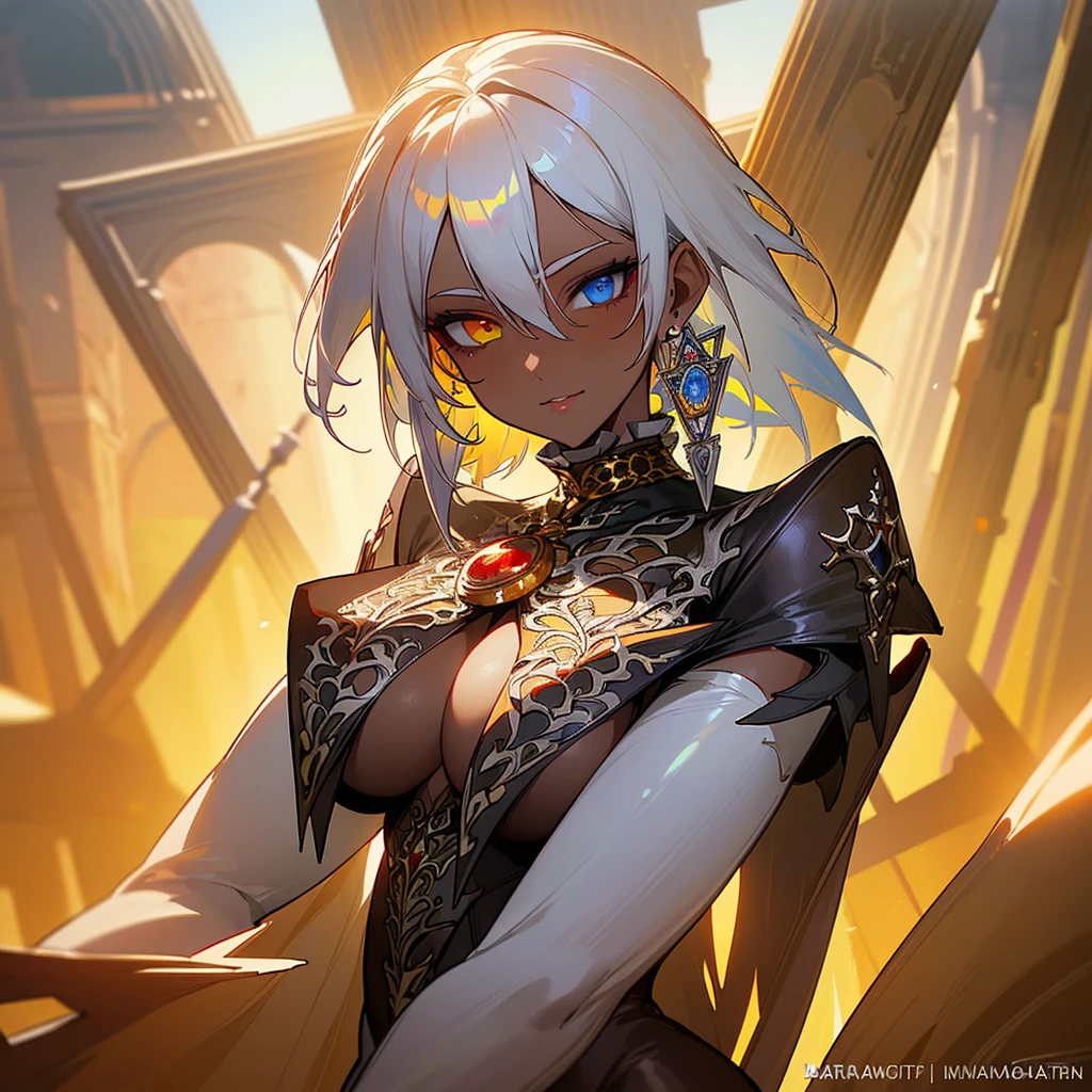 (((masterpiece))), (((best quality))), ((8k)), ((ultradated)), (1 dark-skinned human female: 1.2), (white hair 1.3), (( (Heterochromia, in the eyes, red and yellow: 1.2))),(((Official art, masterpiece, ultra-detailed))), (((best quality: 1.2, intricate details, ultra-detailed) high: 1.2))), (sexy body 1.1), latex costume, outdoors, cleavage, magic environment, cinematic shot, natural light, light particles,