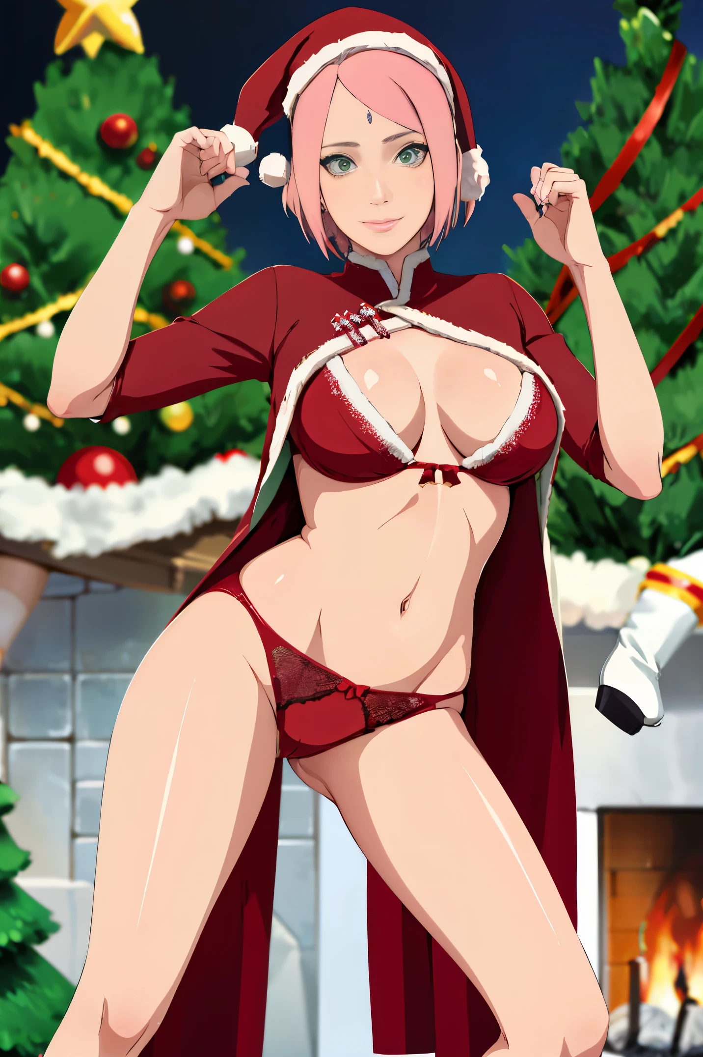 obra maestra, absurdres, 1人の女の子, haruno sakura, marca en la frente, diadema roja, cuerpo completo , grandes tetas, gran trasero, voluptuoso, piernas abiertas , pose y , escote , Christmas hat , Christmas Clothes, nieve , christmas lingerie, christmas coat , christmas stockings , christmas heels