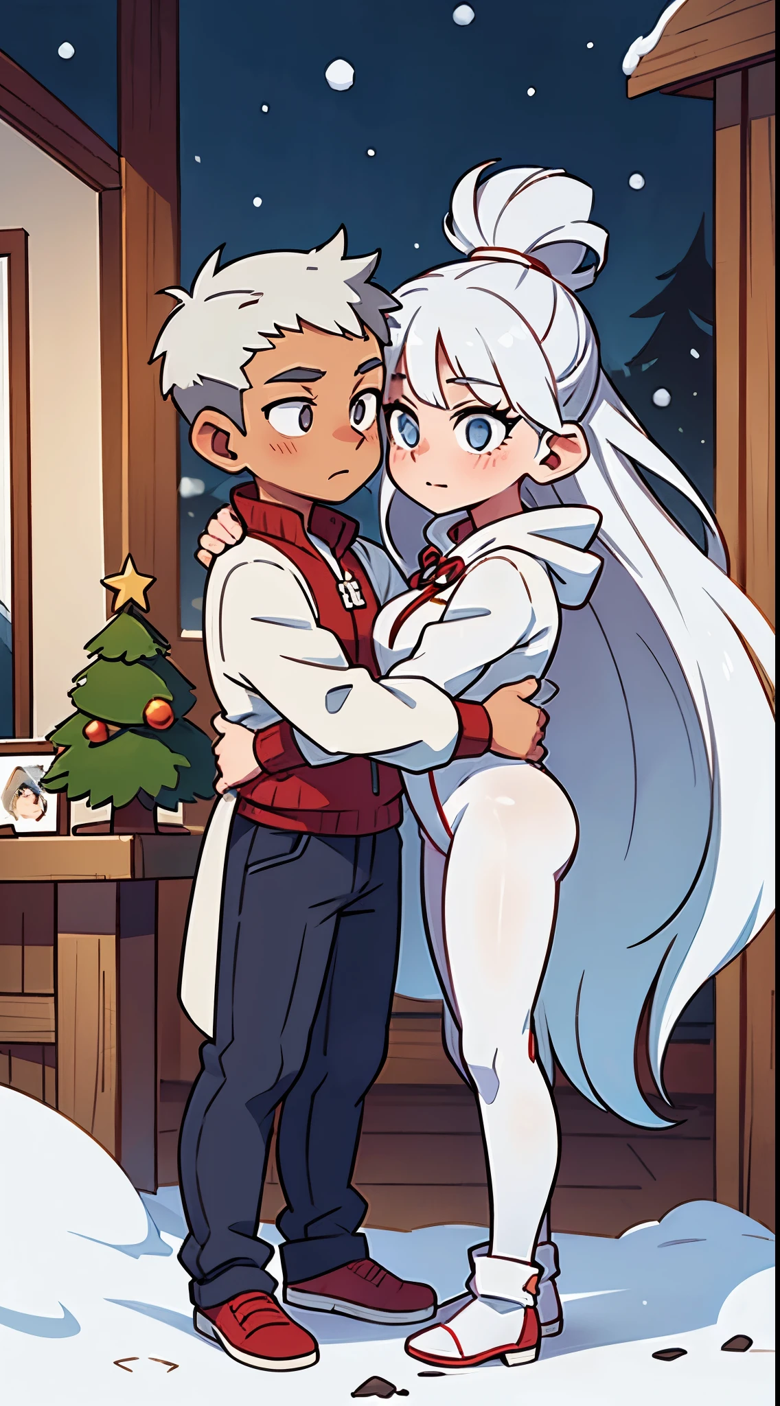 1 male white hair , 1 female white haired , tight hugging, Christmas, snow , white clothes