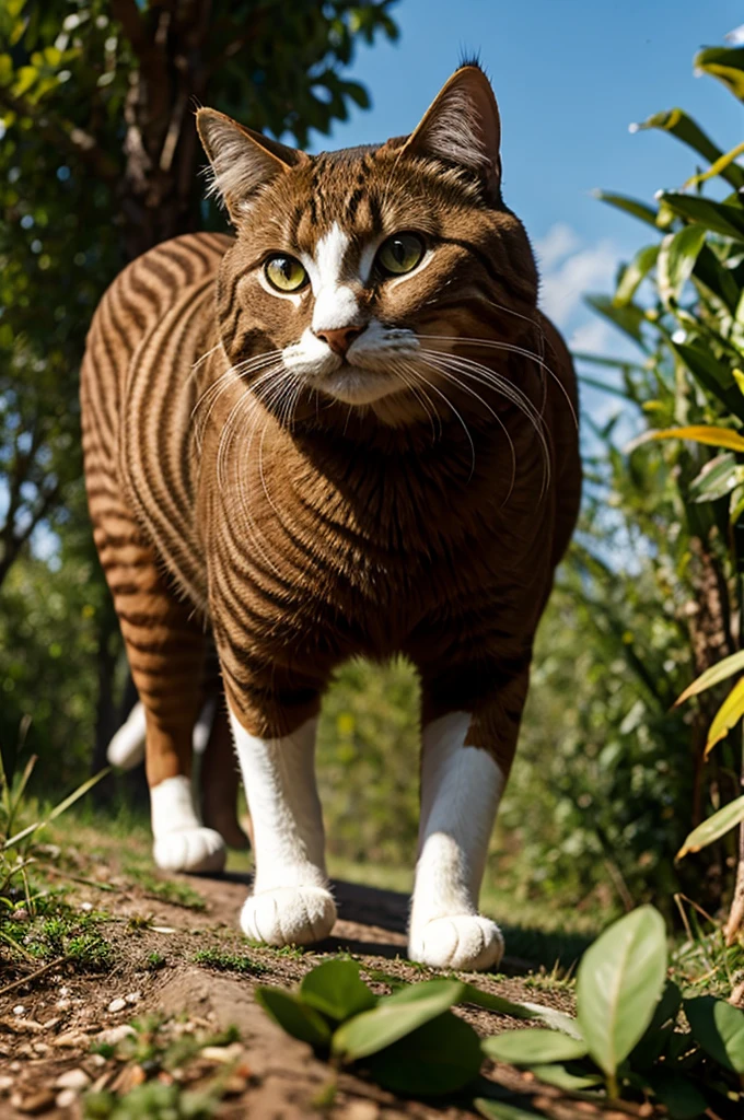 foto realista la mejor calidad , gato robot ,mitad gato ,mitad robot,gato salvaje de colores naranja , fondo futurista, selva futurista