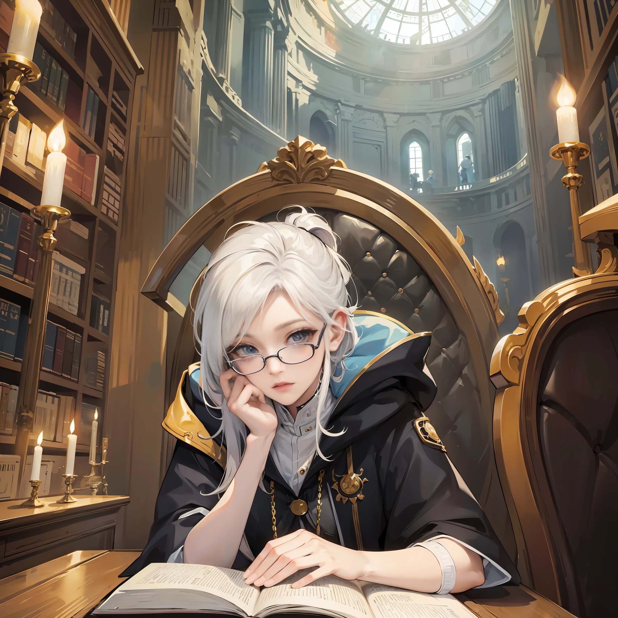 an androgynous hooded boy with long white hair sits on a throne inside a large library and holds an open book, the person is wearing glasses, the library is lit by candles and is filled with books stacked on the floor, with a large round window in the background showing the galaxy with a constellation, Perfect lips, symmetrical face, olhos realistas, pele de porcelana, HDR, UHD, Realistic, studio lighting