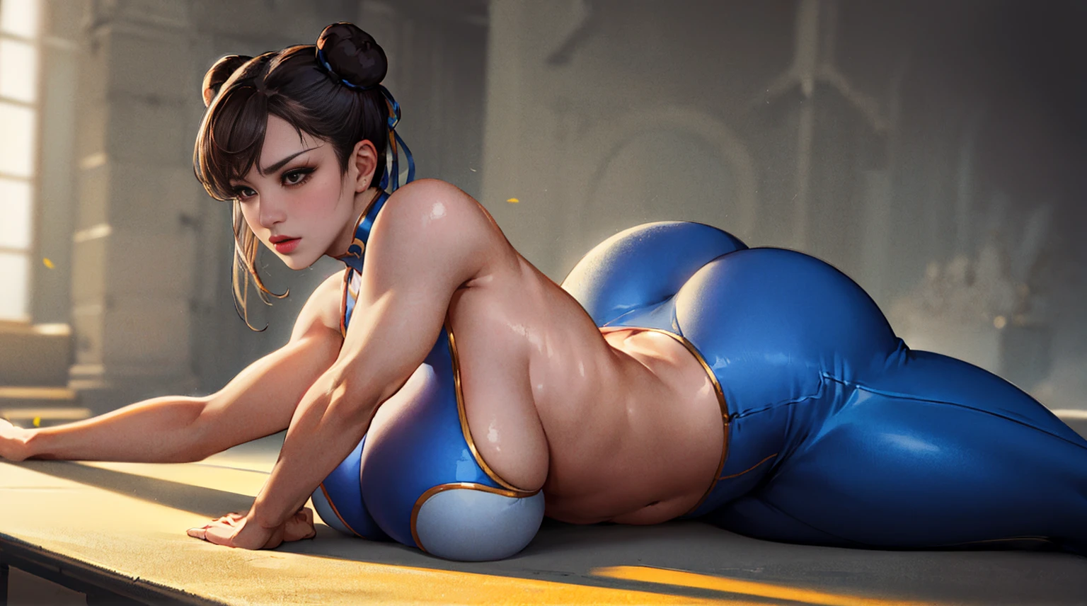 (highres:1.2, ultra-detailed, realistic:1.37), vibrant colors, studio lighting, chun li, (8K,32K), hyperdetailed face, perfect body, brown hair, blue legging pants, beautiful detailed eyes, beautiful detailed lips, stuck hair, two buns in hair, (huge-breasted), thick thighs, super wide hips, huge ass