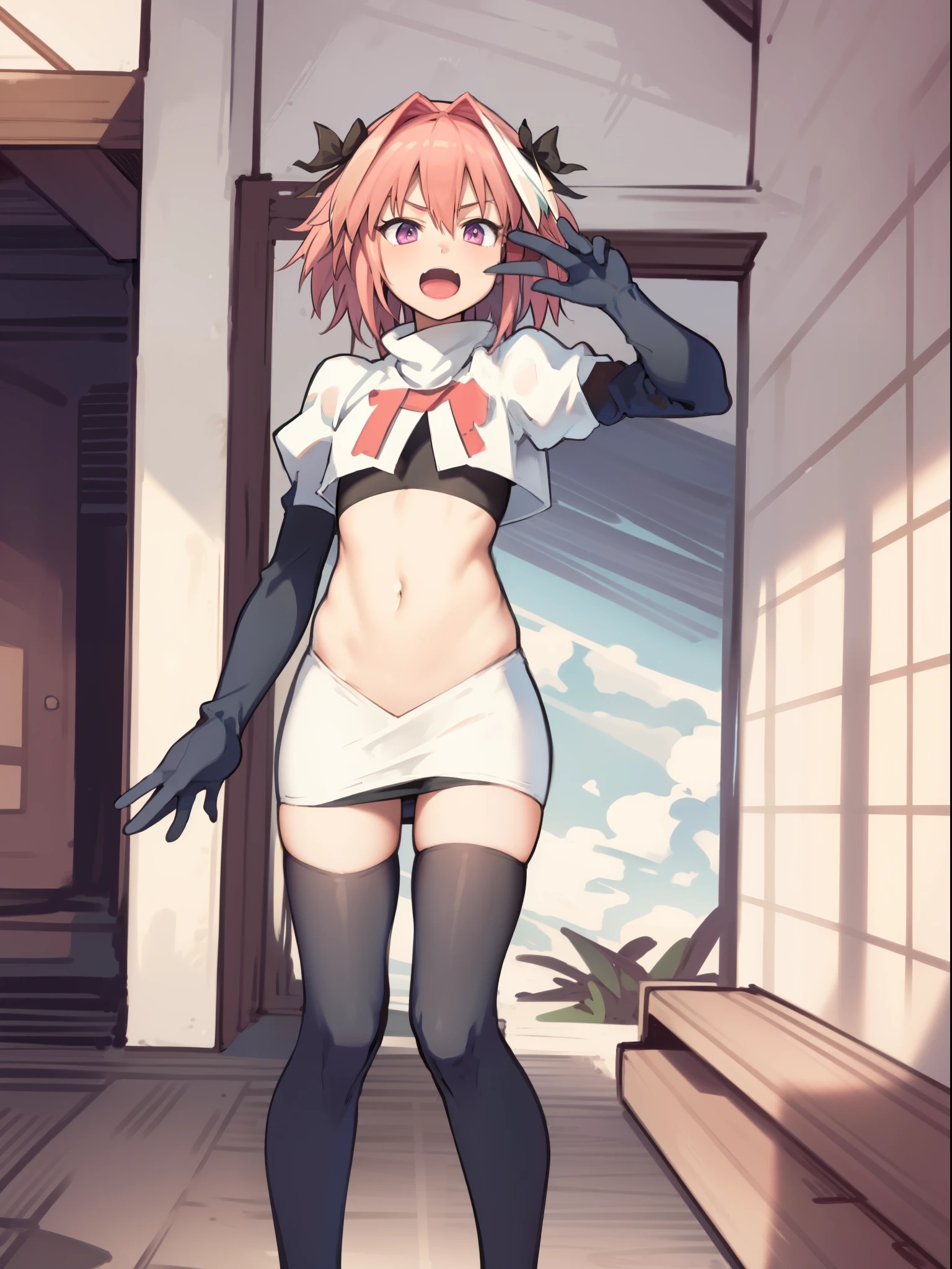 absurdres, masterpiece, best quality, (astolfo fate:1.2155), 1boy, male focus, trap, pink multicolored hair, pink hair, white hair, hair intakes, long hair, pink detailed eyes, crossdressing,1boy, team rocket,team rocket uniform, red letter R, white skirt,white crop top,black thigh-highs,black elbow gloves