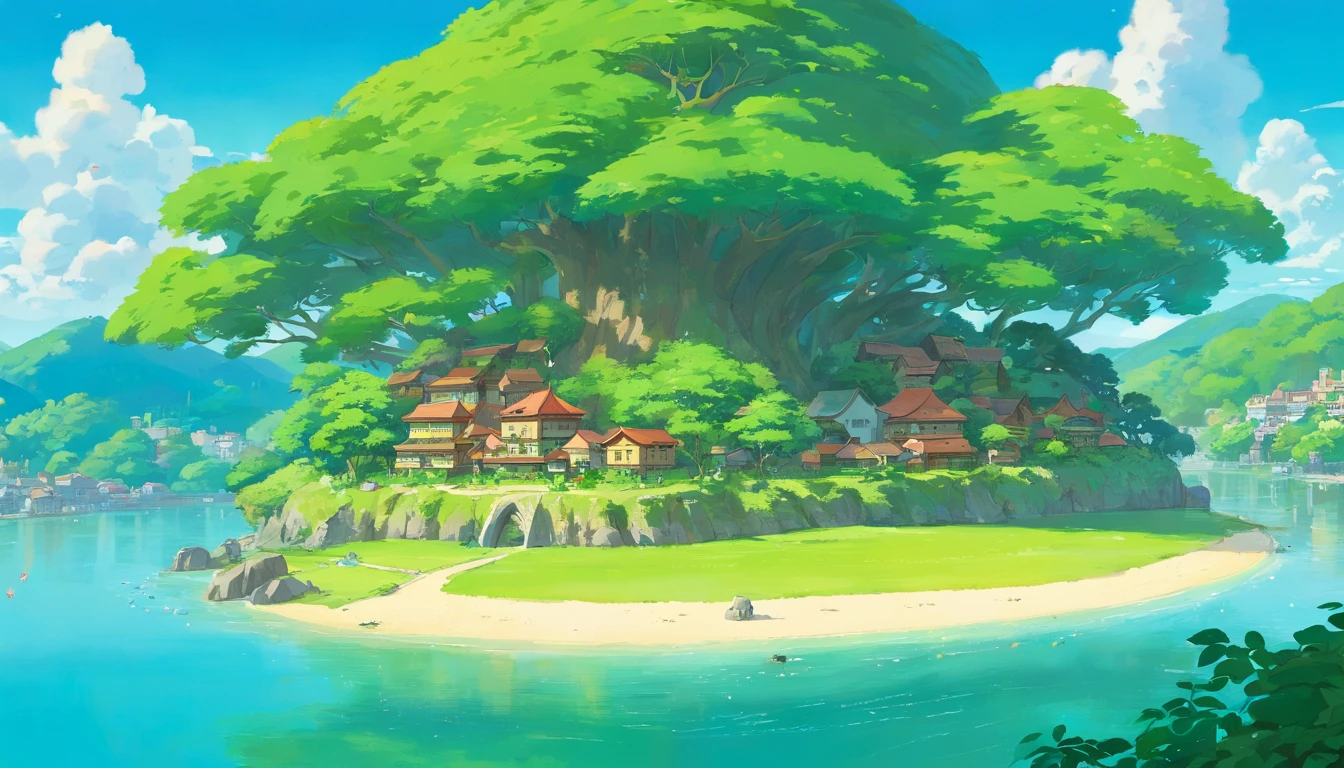a serene shot of a small island surrounded by calm waters, with lush green trees and charming buildings nestled in the center, showcasing the peaceful and idyllic atmosphere
