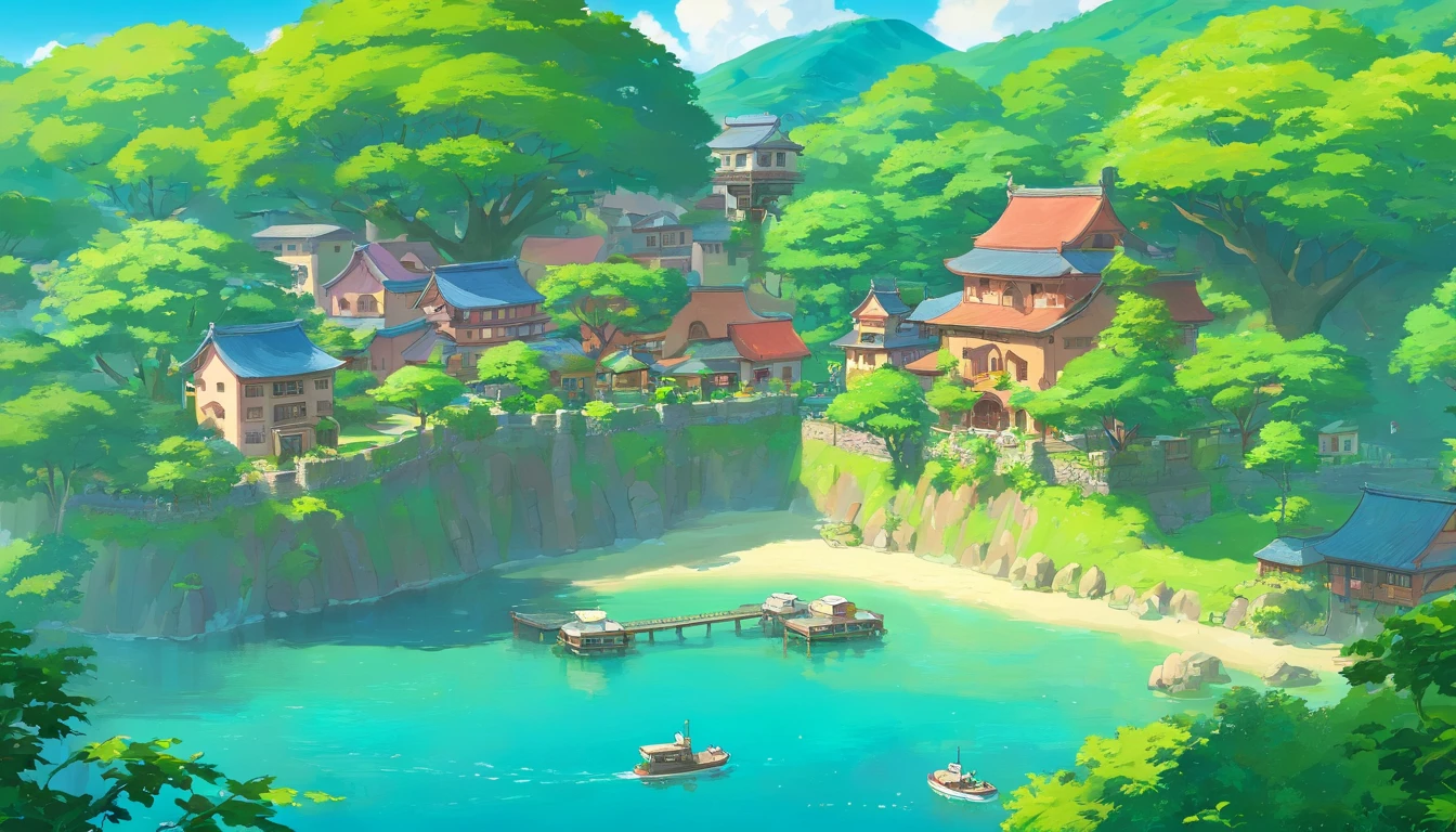 a serene shot of a small island surrounded by calm waters, with lush green trees and charming buildings nestled in the center, showcasing the peaceful and idyllic atmosphere
