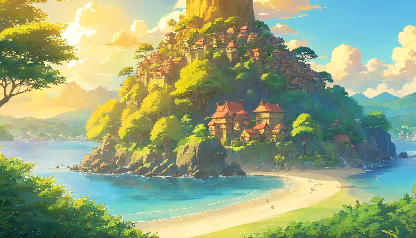 a golden hour shot of a small island, with the warm sunlight casting a beautiful glow on the trees and buildings, creating a magical and ethereal ambiance