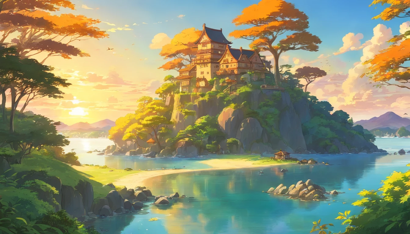 a golden hour shot of a small island, with the warm sunlight casting a beautiful glow on the trees and buildings, creating a magical and ethereal ambiance