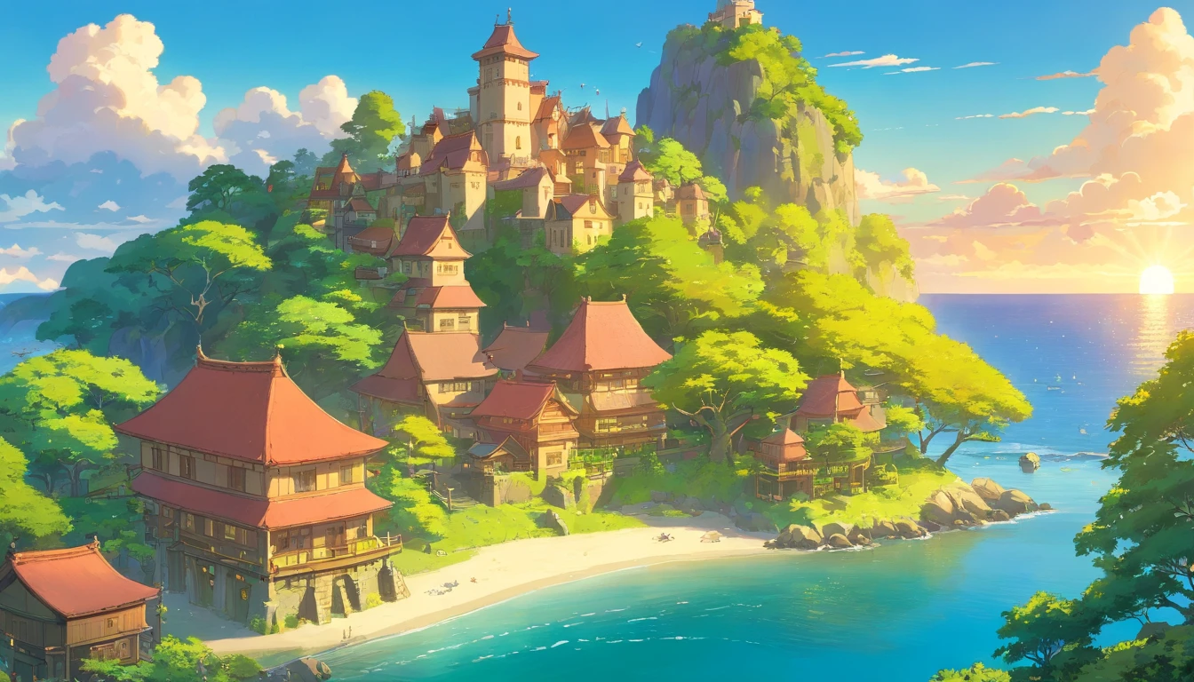a golden hour shot of a small island, with the warm sunlight casting a beautiful glow on the trees and buildings, creating a magical and ethereal ambiance