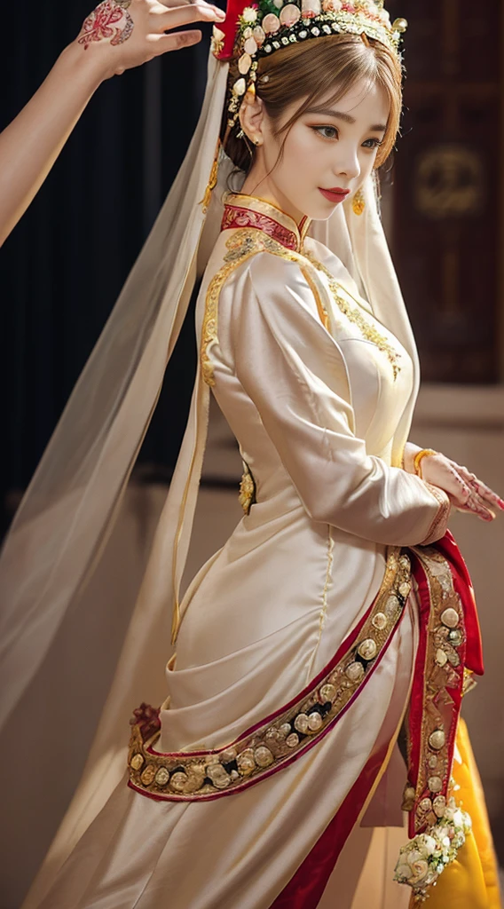 1 single woman, 27 years old, 1 เทพธิดาจักรzodiacจากอนาคต, Goddess wearing a bridal gown, 21st century traditional ao dai and turban style, 12 pink and purple zodiac, The goddess wears a white robe, Red and yellow silk pants, Long tight red and white dress, Aodai thin cloth, Wear long dresses that cover your arms., the legend of 12 zodiac from the future, zodiac, design 12 zodiac sparkly, Elegant and mysterious dark version, A turban with an intricate pattern., เทพีแห่งจักรzodiac turban, 1 Piece Compact Bridal Headdress for Women, ((1 piece of bridal headdress is made to order.) Meticulous and detailed design: 1.8)), Red lips, Thin and beautiful lips, Charming smile, Beauty in detail, detailed background, Super Detailed, Magic Light, beautiful light effects, Sculpt a clear face, long flat hair, Exquisite Face, Meticulous and balanced, (Clear yellow eyes: 1.8), large round eyes and very beautiful and meticulous makeup, Have a vision, Wear silk clothes for a long time, Mystical makeup, Beside the bangs and dye them light blonde., large, Normal breasts, large butt, flat stomach, perfect body curves, Top half image, เทพีแห่งจักรzodiac, Drooping arms , Realistic and vivid, (ดวงดาวที่ประกอบเป็นzodiac: 1.7), (sky) of the bad zodiac texture: 1.8), Fictional photos, RAW photo, Photos of Ao Dai, Vietnam, The most beautiful photos, 10, best quality 10 photos, surreal, most realistic,