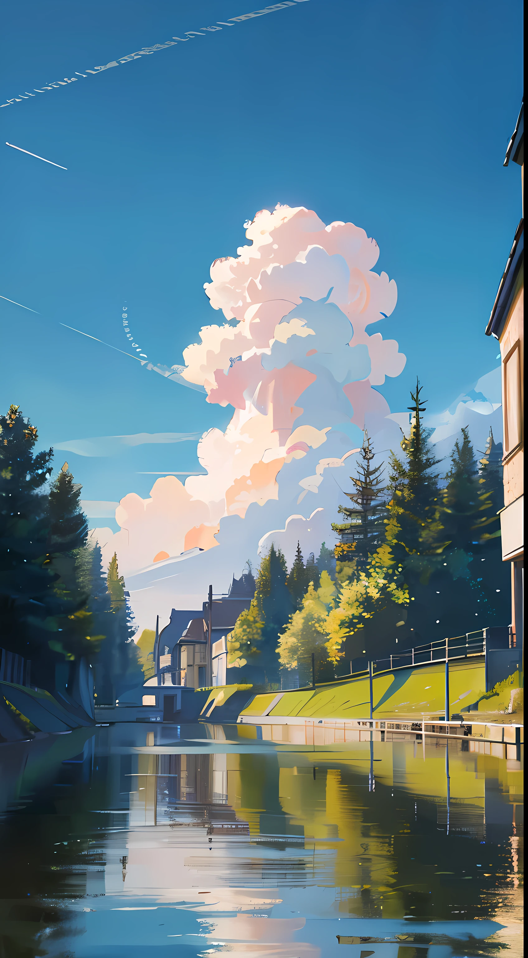 no humans, scenery, vanishing point, from below, masterpiece, best quality, 8k, absurdres, water surface, summer, noon, sunlight, blue sky, perspective, depth of field, highres, finely detail, ultra-detailed, sharp focus