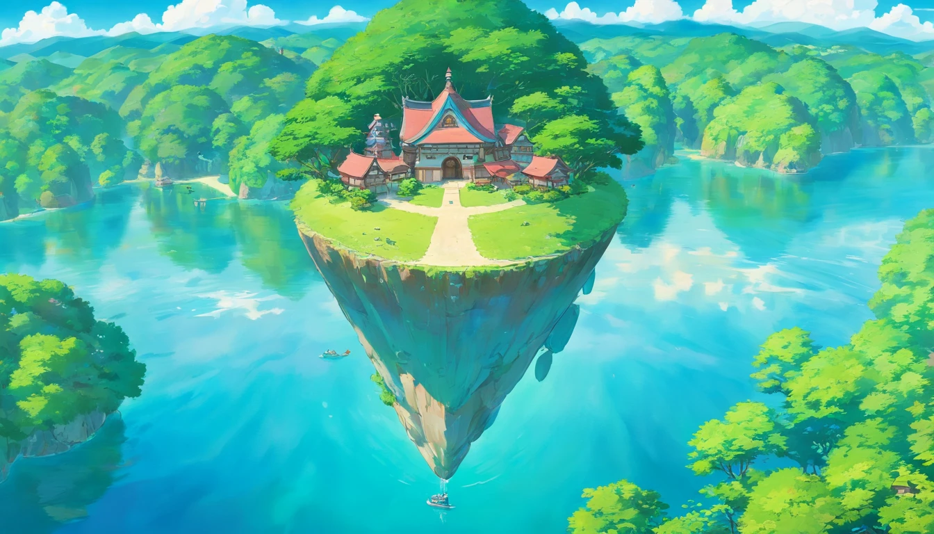 a creative perspective shot of a small island, capturing the reflection of the trees and buildings in the crystal-clear water surrounding it, highlighting the symmetry and beauty of the scene