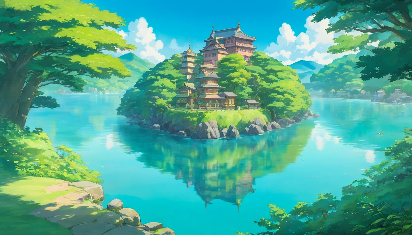 a creative perspective shot of a small island, capturing the reflection of the trees and buildings in the crystal-clear water surrounding it, highlighting the symmetry and beauty of the scene