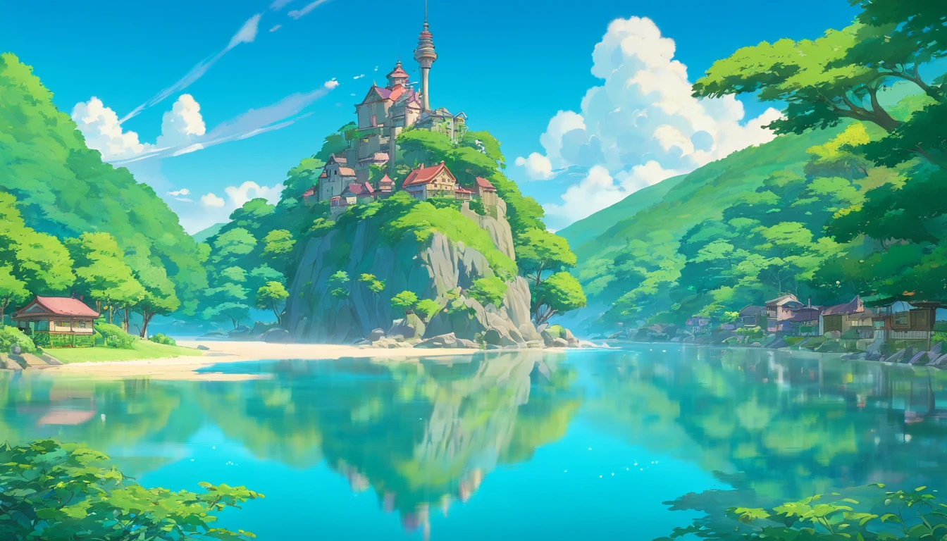 a creative perspective shot of a small island, capturing the reflection of the trees and buildings in the crystal-clear water surrounding it, highlighting the symmetry and beauty of the scene