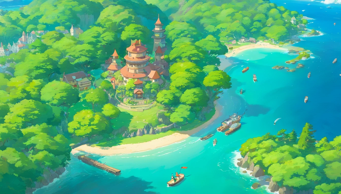 an aerial shot of the small island with a drone, allowing for a unique and captivating view of the trees and buildings in relation to the surrounding waters and landscape