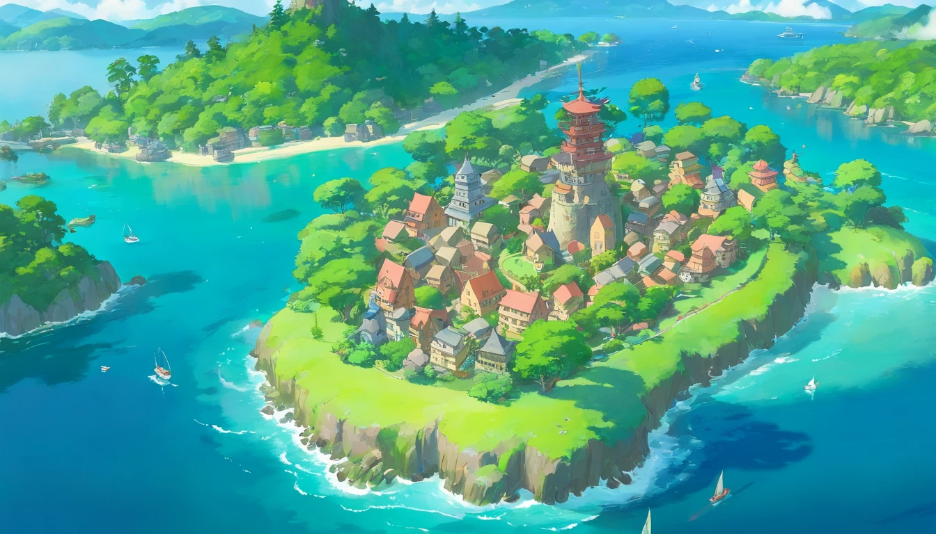 an aerial shot of the small island with a drone, allowing for a unique and captivating view of the trees and buildings in relation to the surrounding waters and landscape