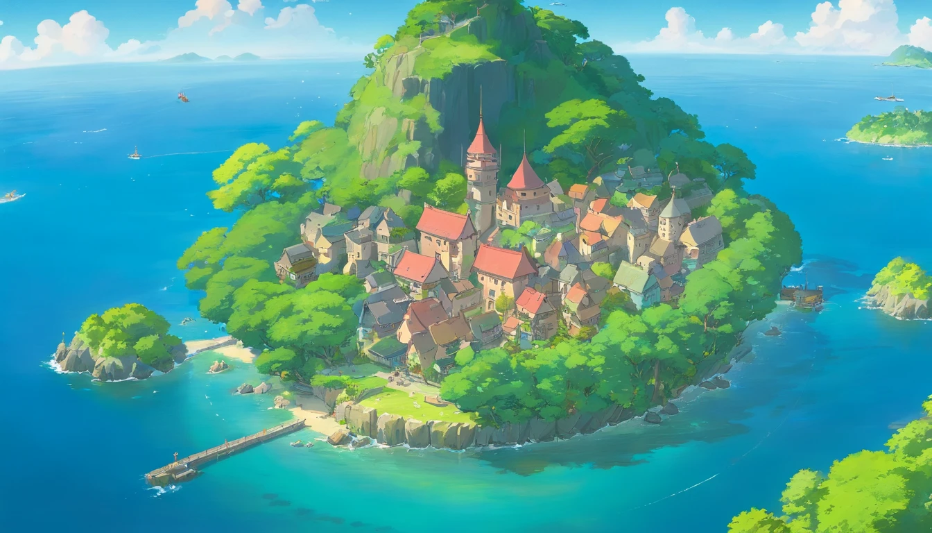 an aerial shot of the small island with a drone, allowing for a unique and captivating view of the trees and buildings in relation to the surrounding waters and landscape
