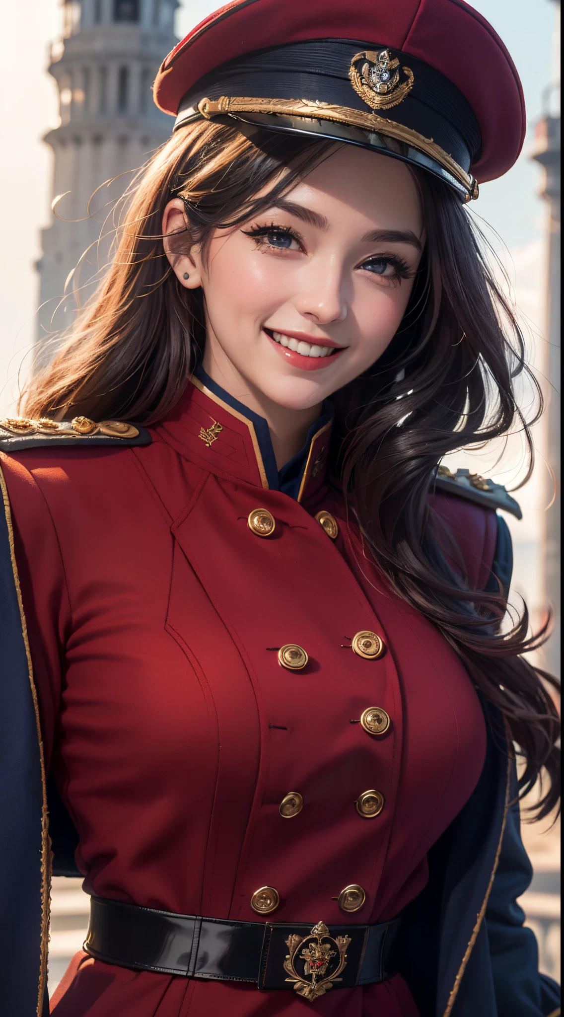 (UHD, retina, masterpiece, ccurate, anatomically correct, textured skin, super detail, high details, high quality, best quality, highres, 1080P, HD, 4K, 8k, 16k), (beautiful detailed eyes, beautiful detailed lips, extremely detailed eyes and face), studio lighting, physically-based rendering, vivid colors, (large breasts, glamorous body), (royal red color, naval uniform coat, rank insignia:1.5), (peaked cap:1.2), business shirt, gloves, (portrait, shiny hair, shiny skin, blush, hair blowing in the wind), (old lighthouse, bokeh), eye reflection, jet black hair, (smile and laugh:1.5),