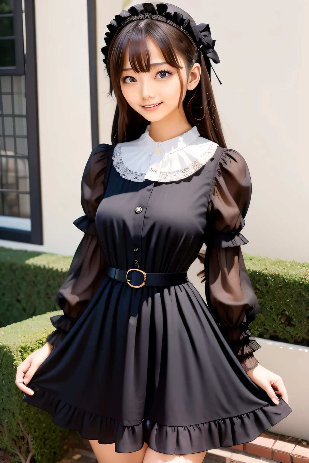 green ta fashion, Wide collar with plenty of frills, The hem of a skirt with lots of frills, thick decorative belt at the waist、bangss, s lips、without makeup、short eyelashes、watching at viewers、A smile、Photorealsitic、high-level image quality、masutepiece, Best Quality, 8K, Beautie、Fine details