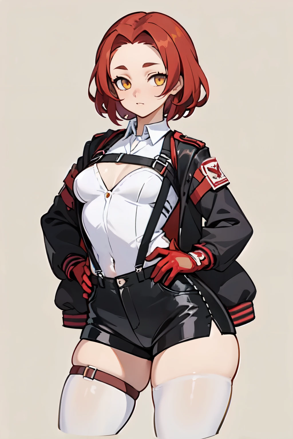 1girl, young woman, solo, short hair, Small hair, (forehead:1.2), yellow eyes, sharp ocular posture, (scarlet red hair), light brown skin tone, Athletic, muscular, medium breasts, (cropped jacket, black jacket), white shirt, collared shirt, (chest harness, shoulder strap:1.15), black leather shorts, pantyhose 7/8, garter belt, gloves, elegant, looking at viewer, standing, mustard colored background, masterpiece, best quality, 4k