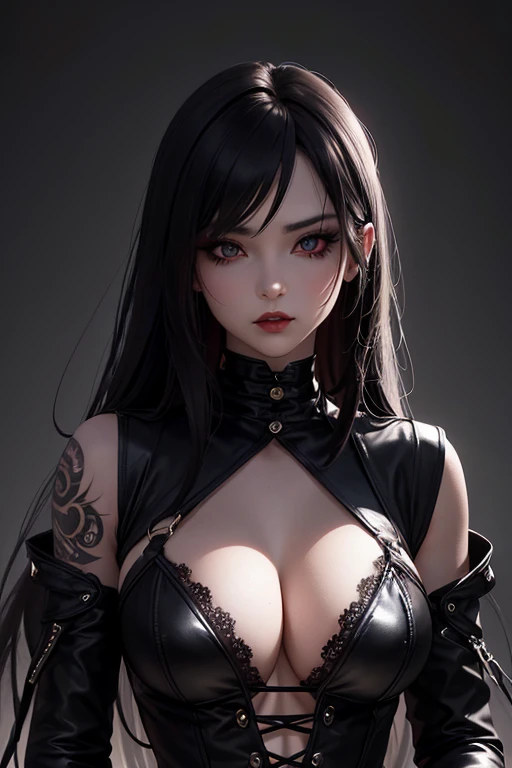 (best quality,4k,highres),sexy oriental gothic girl,leather clothes,sexy expression,detailed eyes and lips,tattoos,edgy makeup,dark atmosphere,black lace,red and black color scheme,sharp contrast,highlights and shadows,grungy background,vivid colors,striking pose,smoky eyes,sultry look,complete attention to details,mysterious aura,flowing hair,dramatic lighting,artistic composition,perfectly proportioned figure, beauty in darkness