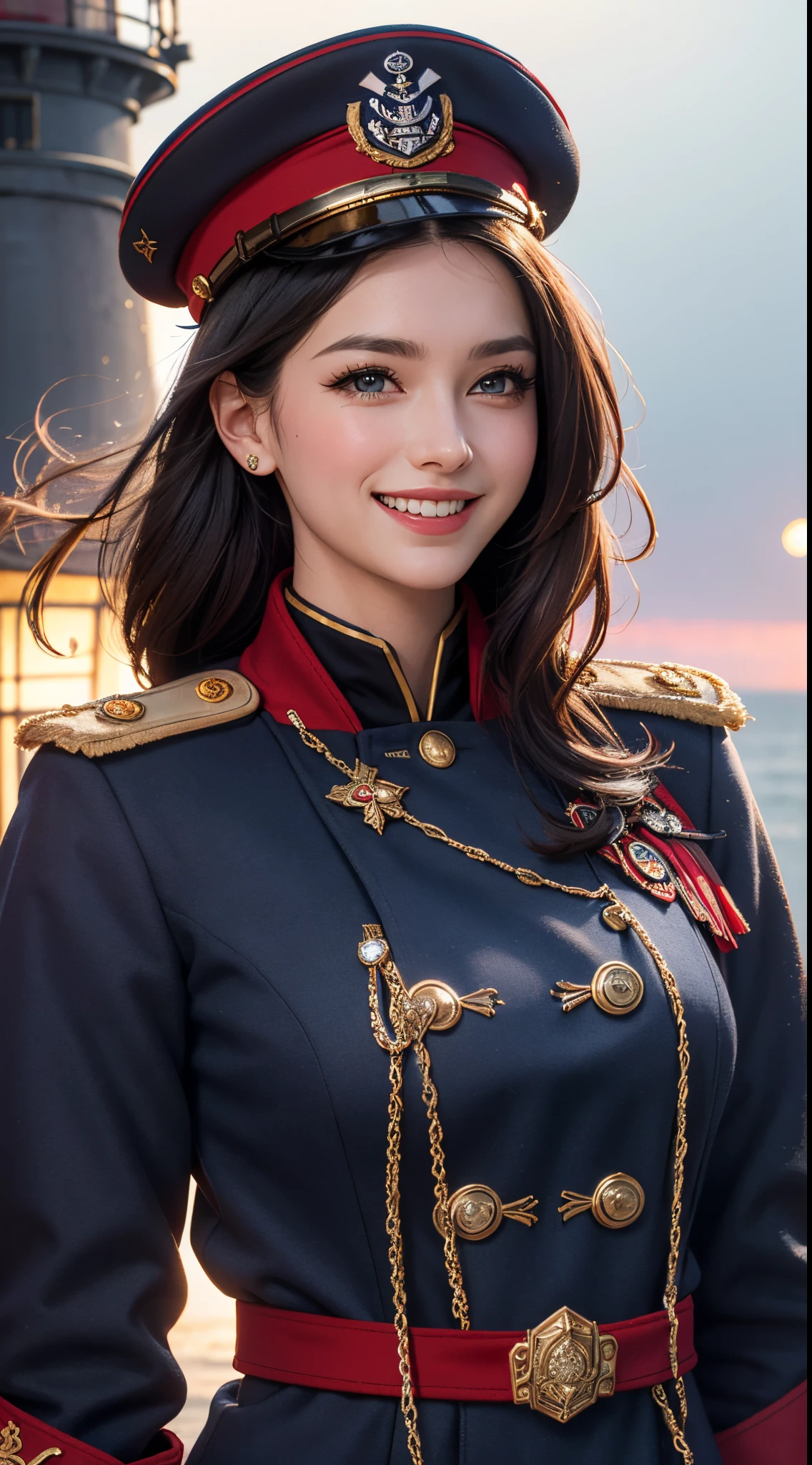 (UHD, retina, masterpiece, precise, anatomically correct, textured skin, Super details, high detail, high quality, best quality, high resolution, 1080P, HD, 4K, 8k, 16k), (Beautiful and delicate eyes, Beautiful and delicate lips, Extremely detailed eyes and face), studio lighting, Physically based rendering, bright colors, (, charming figure), (royal blue, Navy coat, rank insignia:1.5), (Peaked hat:1.picture, shiny hair, shiny skin, blush, hair blowing in the wind), ( background, Bokeh:1.5), eye reflex, black hair, (smile and laugh:1.5),