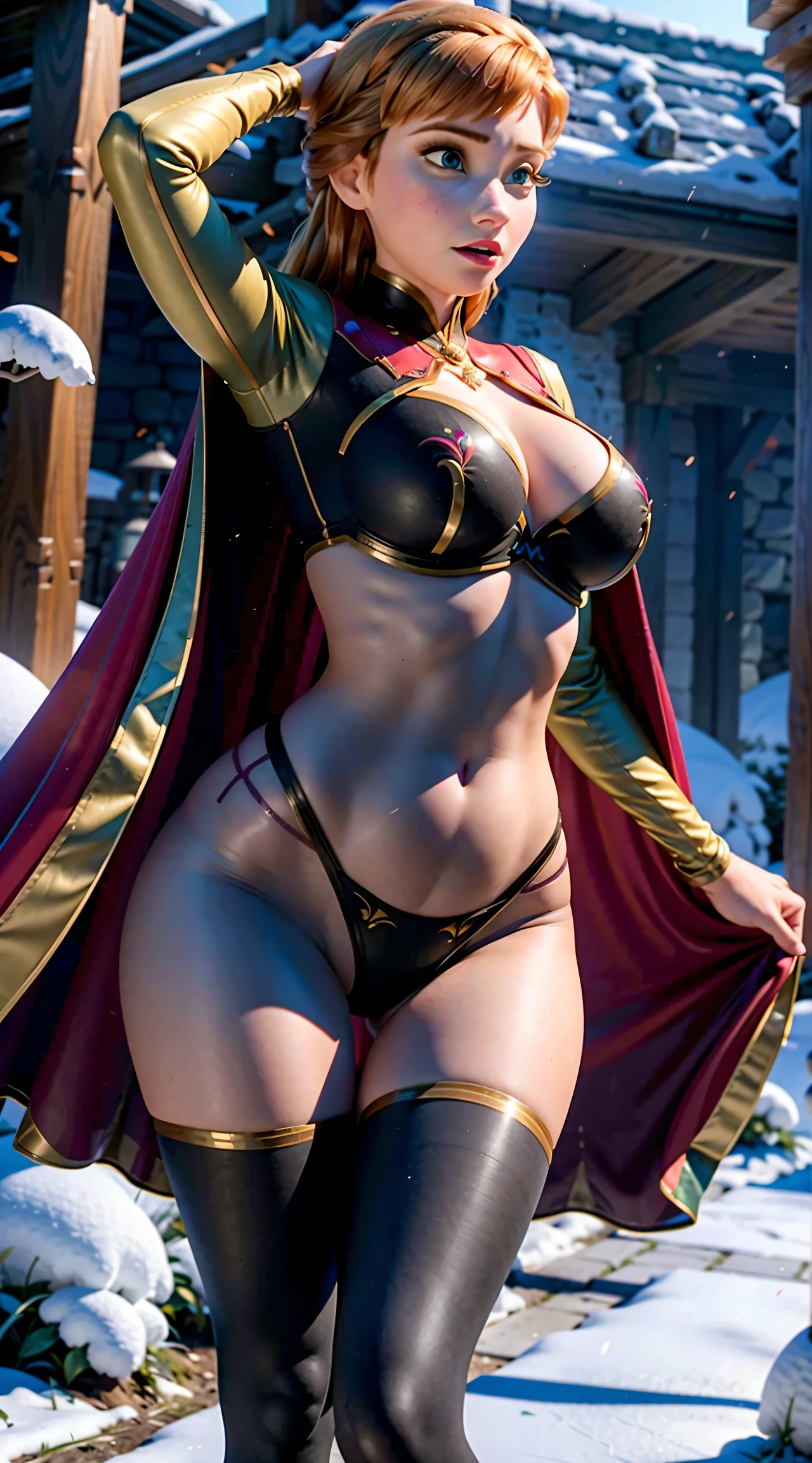 Photo of Anna of Arendelle wearing thight opaque pantyhose, cameltoe, huge breasts, bursting huge breasts, wide hips, busty, long open cape, enormous breasts, open legs, open legs